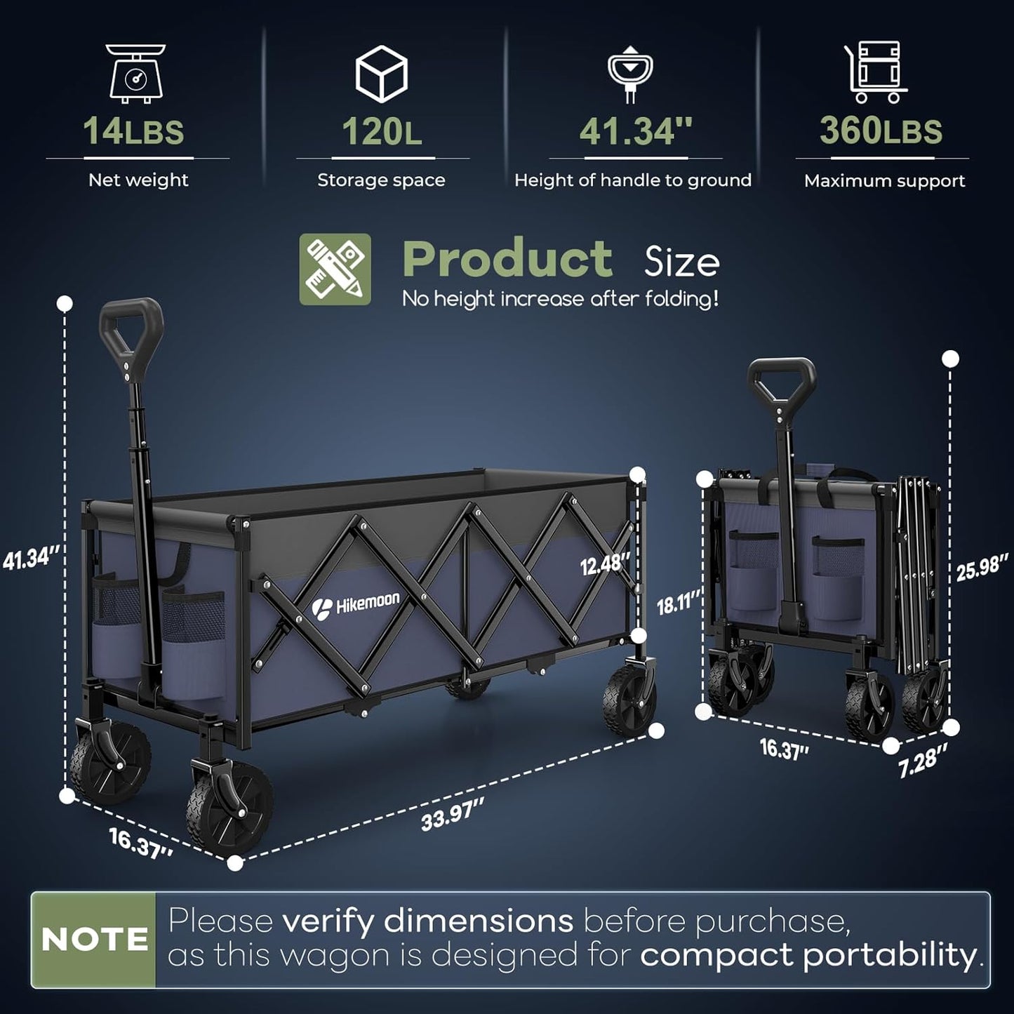 34'' Extra Long Collapsible Wagons Carts Foldable, 360LBS Heavy Duty Folding Beach Wagon Cart with Wheels, Portable Utility Outdoor Wagon for Grocery, Shopping, Garden, Sports, Purple