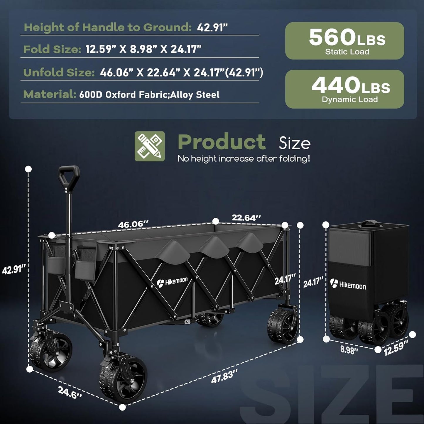 300L Extra Large Wagons Carts Foldable, 560LBS Heavy Duty Collapsible Beach Wagon 48" Long with Big All-Terrain Wheels, Utility Folding Cart for Camping, Grocery, Sports, Garden, Grey & Black