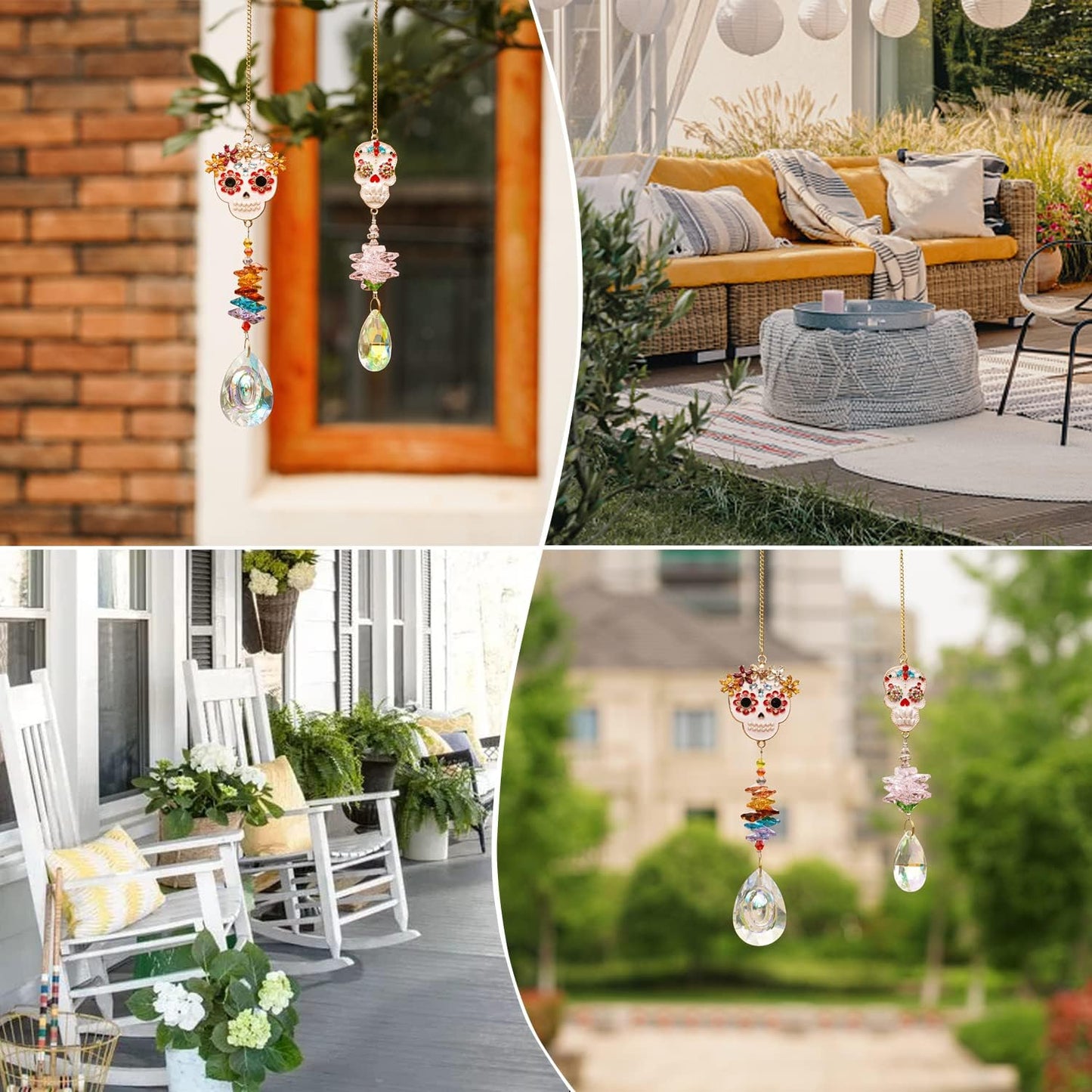 Skull-Shaped Colorful Rhinestones Pendant, Crystal Beads Chain with Glass Chandelier Suncatcher Drops Prisms Hang Ornament, Pack of 2