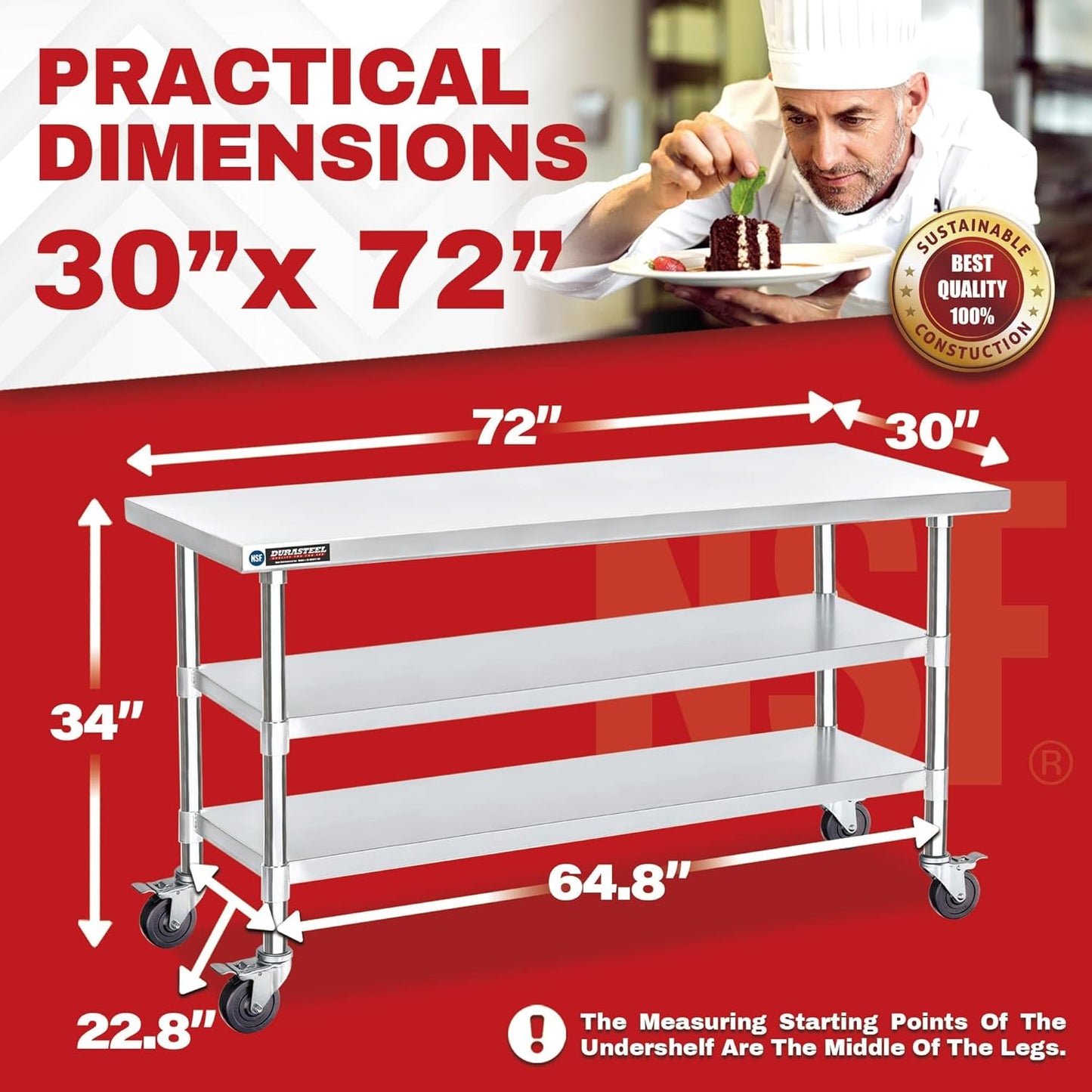 DuraSteel Stainless Steel Work Table 30" x 72" x 34" Height w/ 4 Caster Wheels - Food Prep Commercial Grade Worktable - NSF Certified - Good for Restaurant, Business, Warehouse, Home, Kitchen, Garage