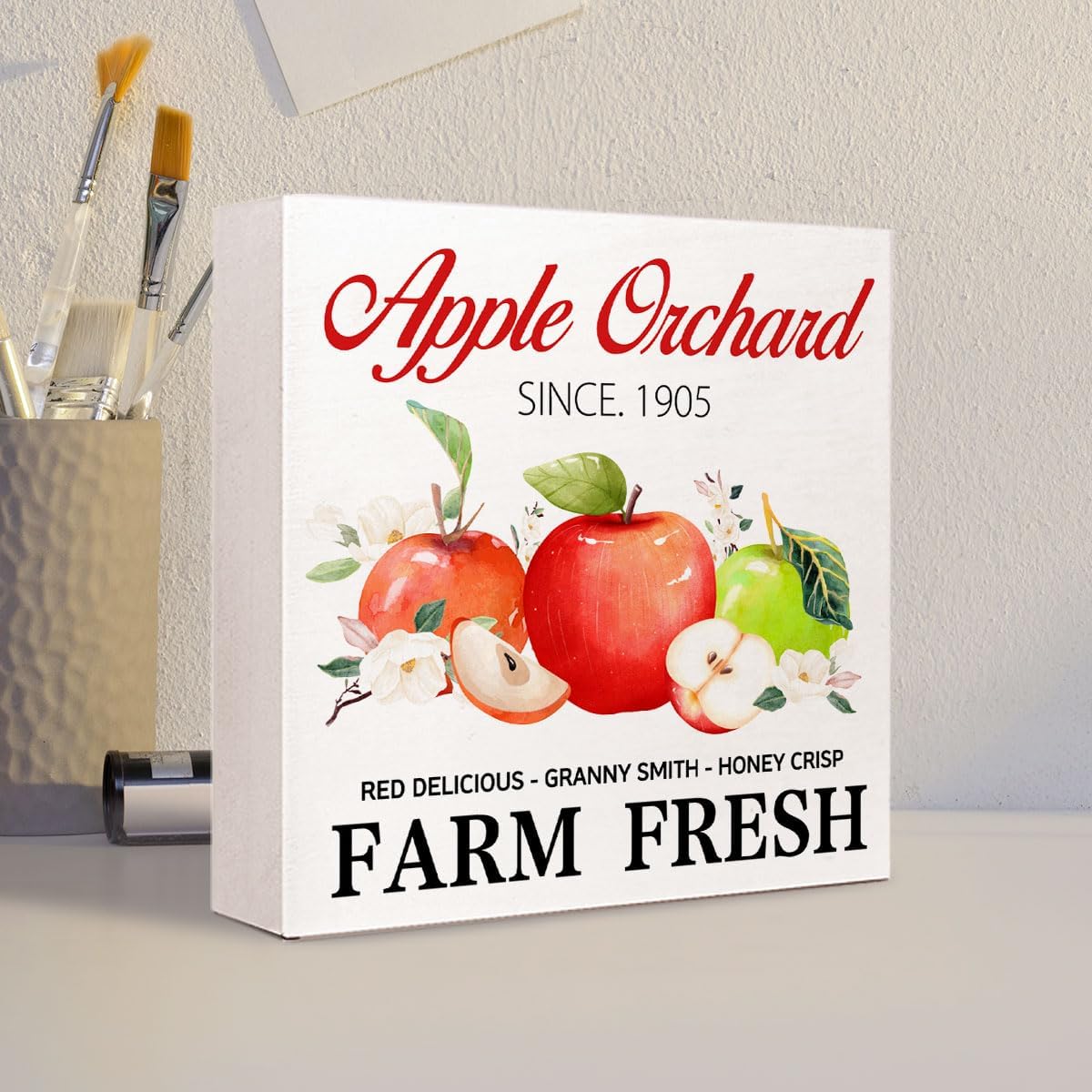 Fall Table Decor,Apple Orchard Autumn Harvest Seasonal Thanksgiving Wood Block Sign Desk Decor,Rustic Fall Wooden Box Sign Decor for Farmhouse Home Kitchen Shelf Table Decoration Q693