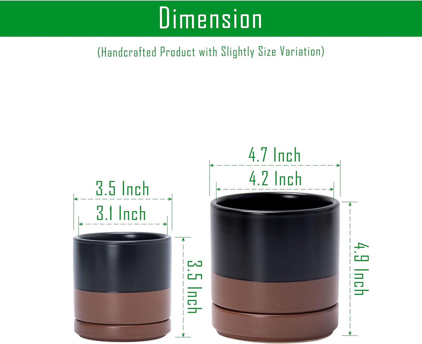 D'vine Dev 3.5 Inch & 4.7 Inch Ceramic Planter Pots for Plants with Drainage Hole and Saucer, X-Small Plant Pots Set, Black/Speckled Tan, 94-G-XS-7