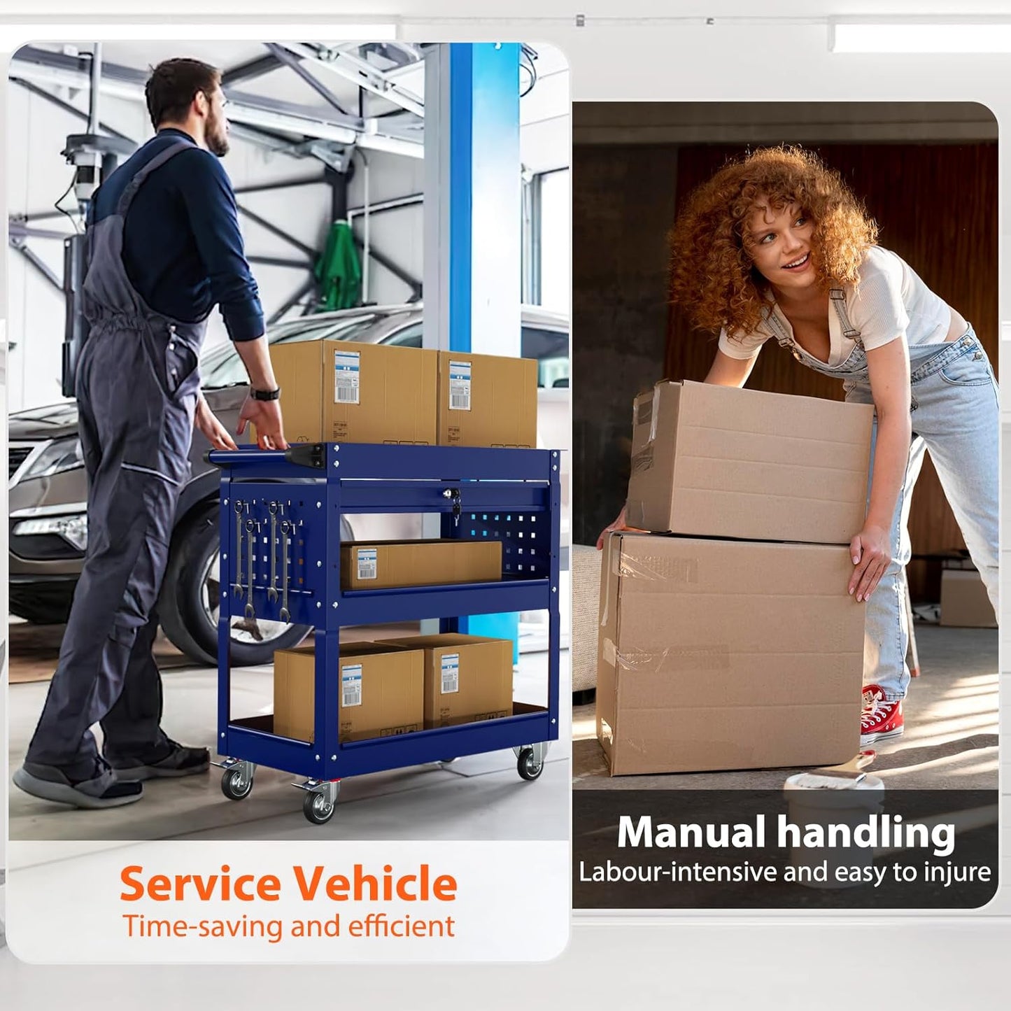 3-Tier Heavy Duty Utility Cart on Wheels, Rolling Tool Cart on Wheels with a Drawer, 350 Lbs Load Capacity Rolling Tool Storage Organizer for Garage, Warehouse and Repair Shop(Dark Blue)