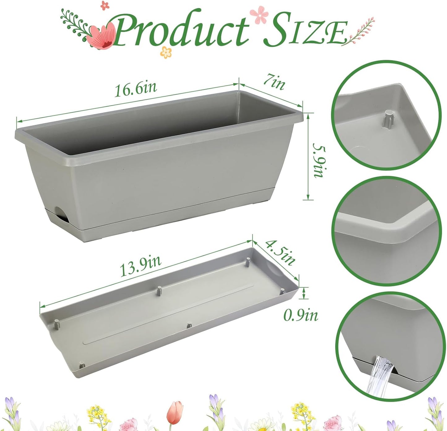 12Pcs 17Inches Rectangle Planter Box with Drainage Holes and Trays Plastic Planters Flower Boxes Pots for Indoor Outdoor Plants Patio Garden Home Decor Porch Yard (Gray)