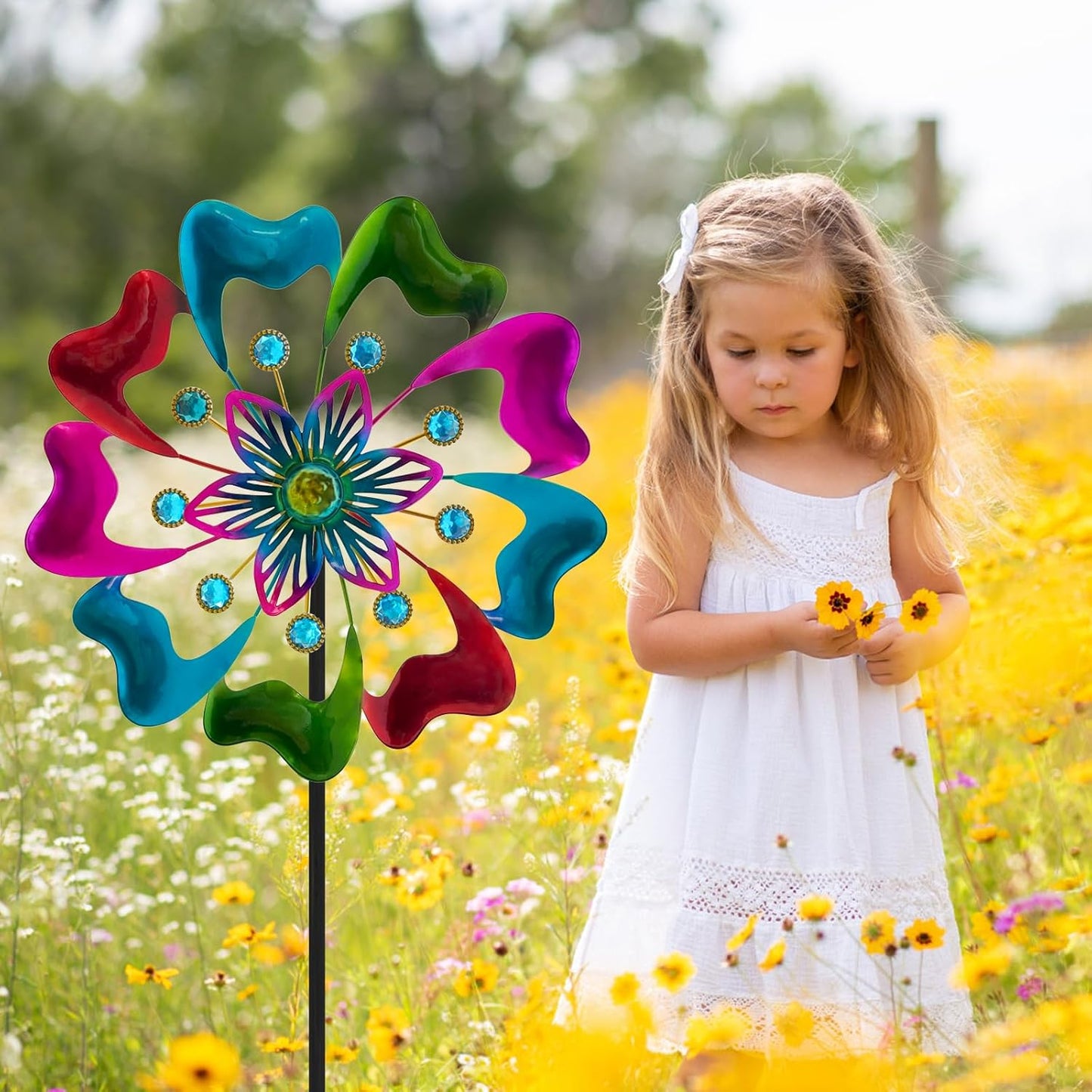 45" Flowers Wind Spinners for Yard and Garden, Sapphire Colored Leaves Kinetic Wind Spinner Outdoor Decor, Wind Sculpture Yard Art Decorations for Patio, Lawn & Garden