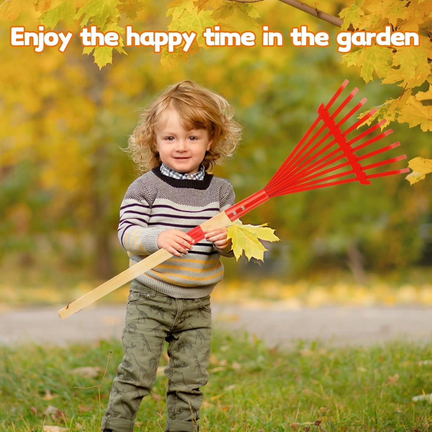 Kids Rakes with Hardwood Handle - Metal Kids Leaves Rakes, 28" Child Size Lawn Rakes with Vibrant Red Heads, Garden Tool Set for Kids Boys and Girls