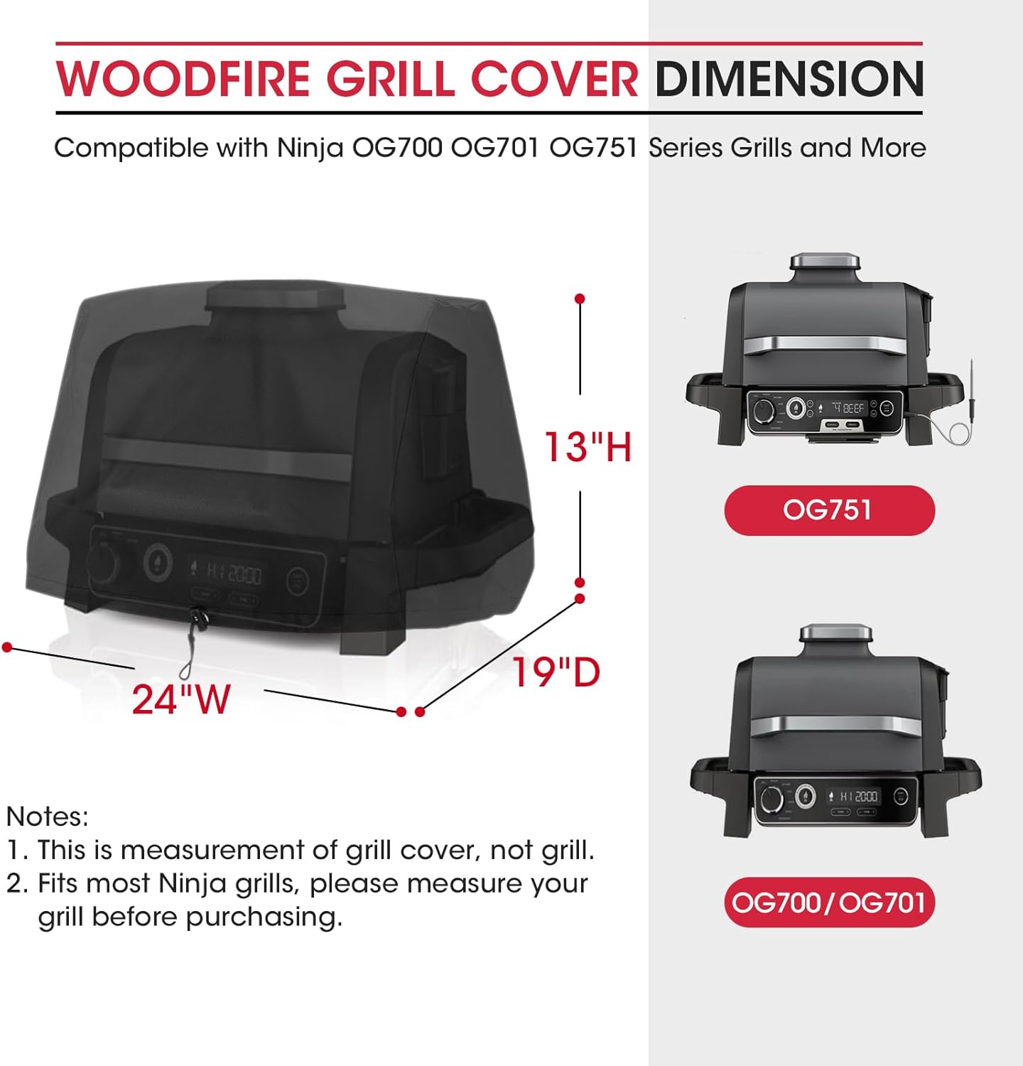 Unicook Grill Cover for Ninja OG700 OG701 OG751 Outdoor Series, Heavy Duty Waterproof Woodfire BBQ Cover with Inner Pocket, Sealed Team, Elastic Closure and Drawstrings, Black
