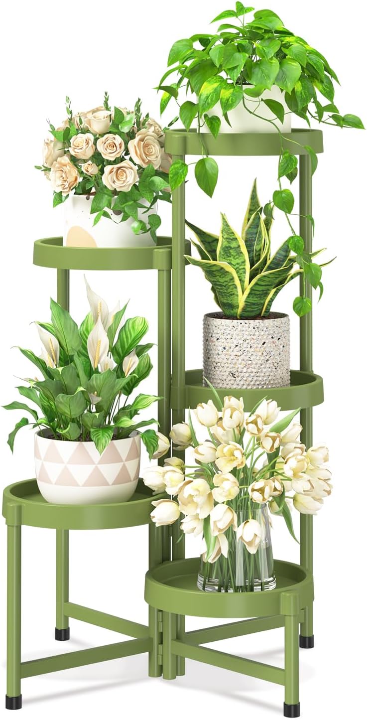 iDavosic.ly 5 Tier Folding Plant Stand Indoor Outdoor with Plastic Tray, Tiered Corner Flower Holder Shelf, Metal Orchid Display Rack for Patio Porch Living Room Garden Balcony, Green