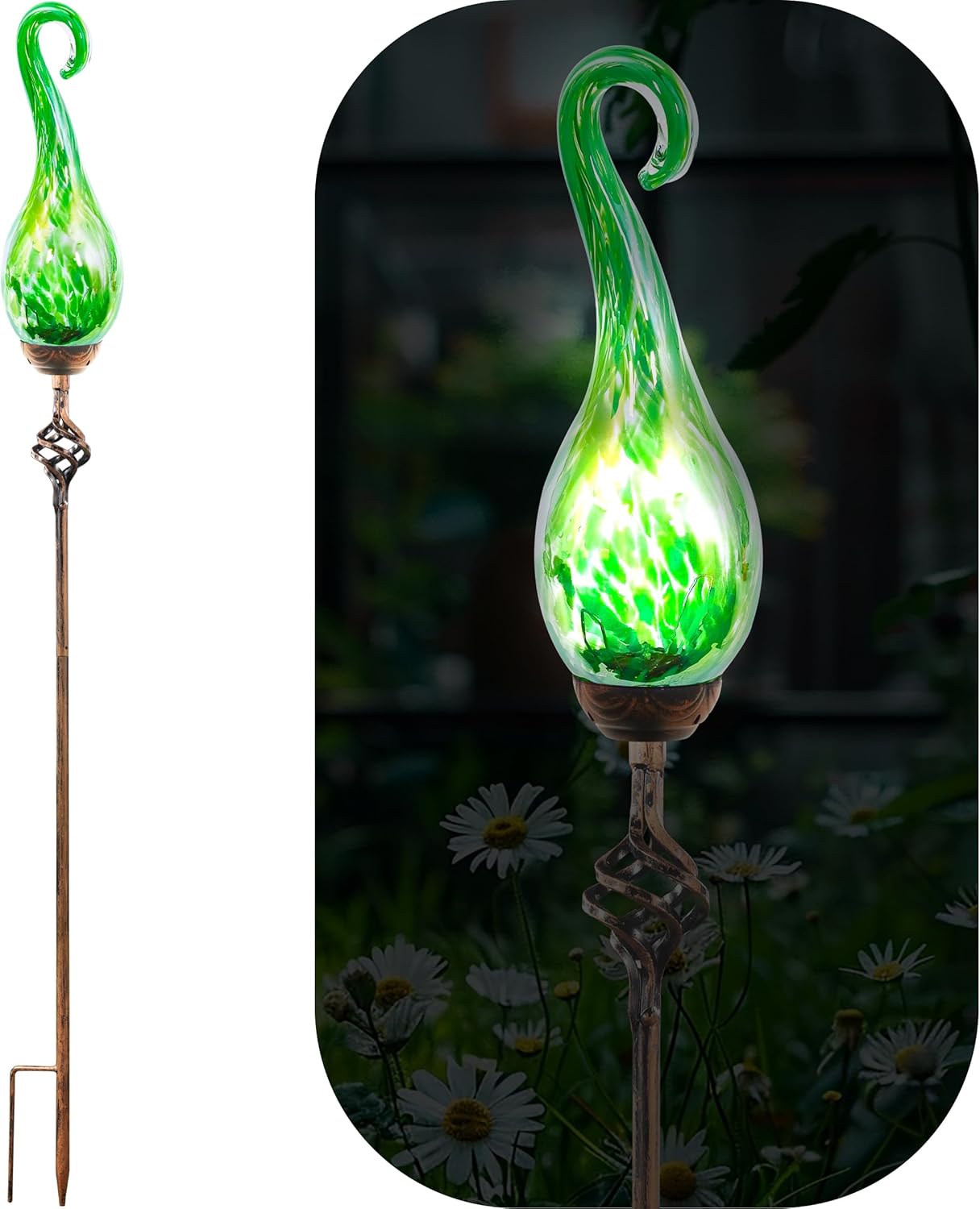 Garden Solar Lights Outdoor, Decorative LED Pearlized Glass Spiral Garden Stake with Finial, Hand Blown Glass and Metal Outdoor Decoration, 3 x 36 Inch (Green)