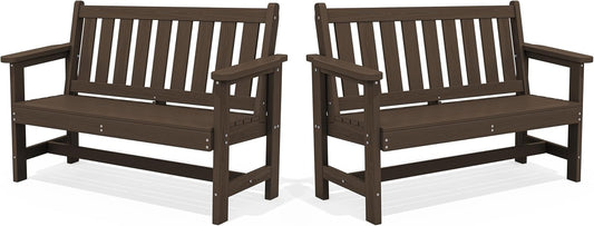 SERWALL Outdoor Bench, HDPE Outdoor Benches Weatherproof, 2-Person Garden Bench with 660 lbs Weight Capacity, Patio Benches for Outdoors, Garden, Porch, Backyard and Park, Coffee, 2 Pack