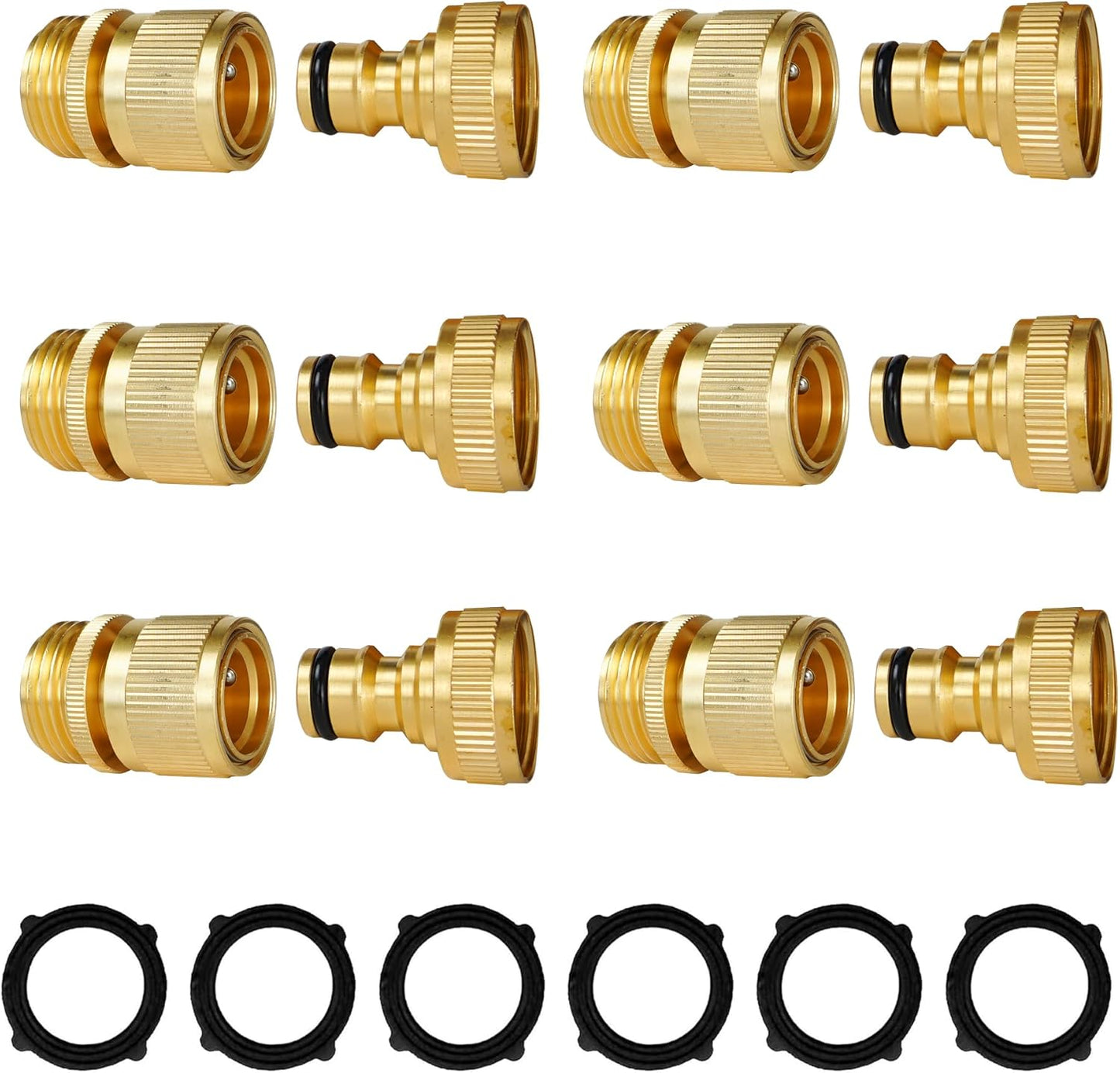 Hourleey Garden Hose Quick Connect, 6 Set Solid Brass 3/4 Inch GHT Thread Garden Hose Quick Connect Fittings, No-Leak Male and Female Water Hose Quick Release Connectors