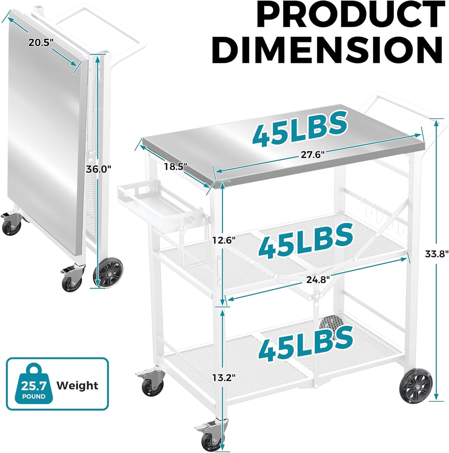 Ciokea Folding Outdoor Grill Cart with Wheels, 3-Shelf Grill Table with 27x18 in Stainless Steel Top, Rolling Pizza Oven Stand, Metal Portable Cart for BBQ Patio Camping (White)