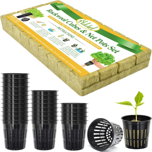 Halatool 36PCS 1.2-Inch Rockwool Cubes with 30PCS 2-Inch Net Cups for Hydroponics Great Hydroponic Kit for Cuttings Clone Plant Propagation Seed Starting & Soilless Cultivation