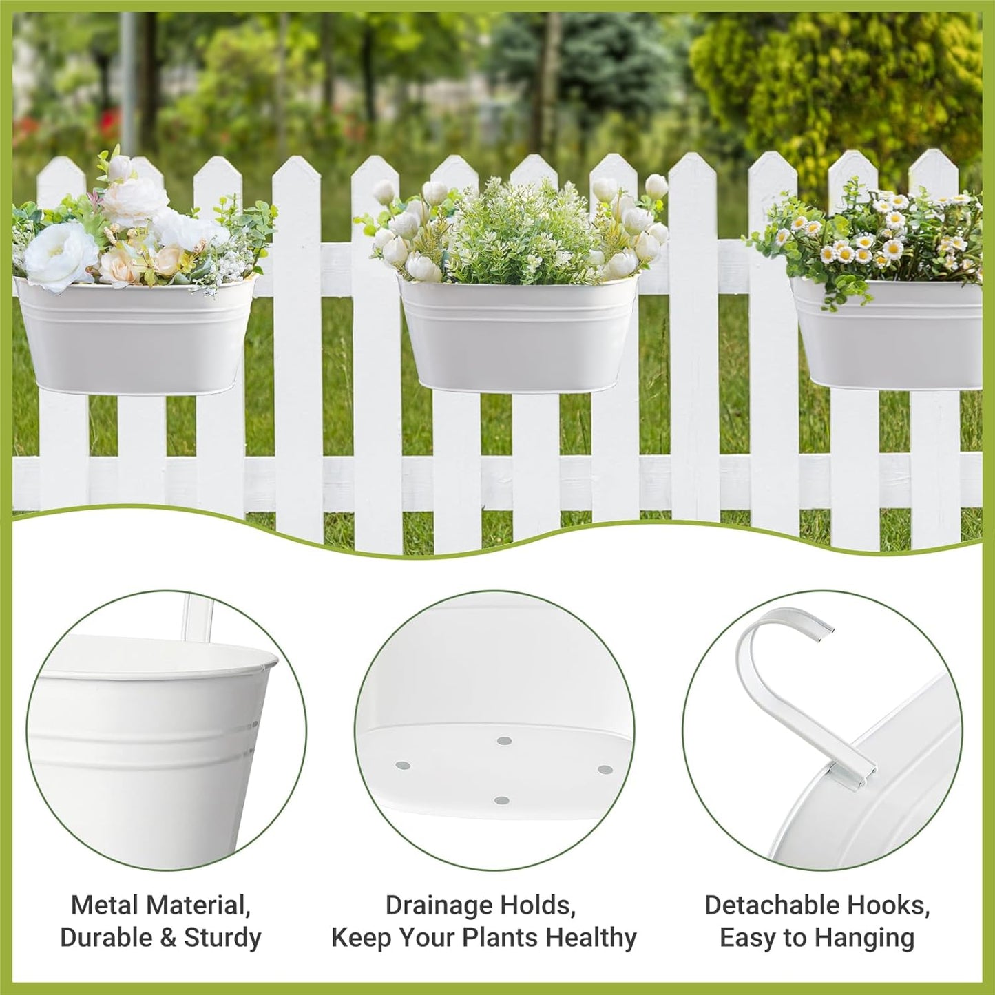 Dahey 3 Pcs Metal Iron Hanging Flower Pots for Railing Fence Hanging Bucket Pots Countryside Style Window Flower Plant Holder with Detachable Hooks Home Decor,White