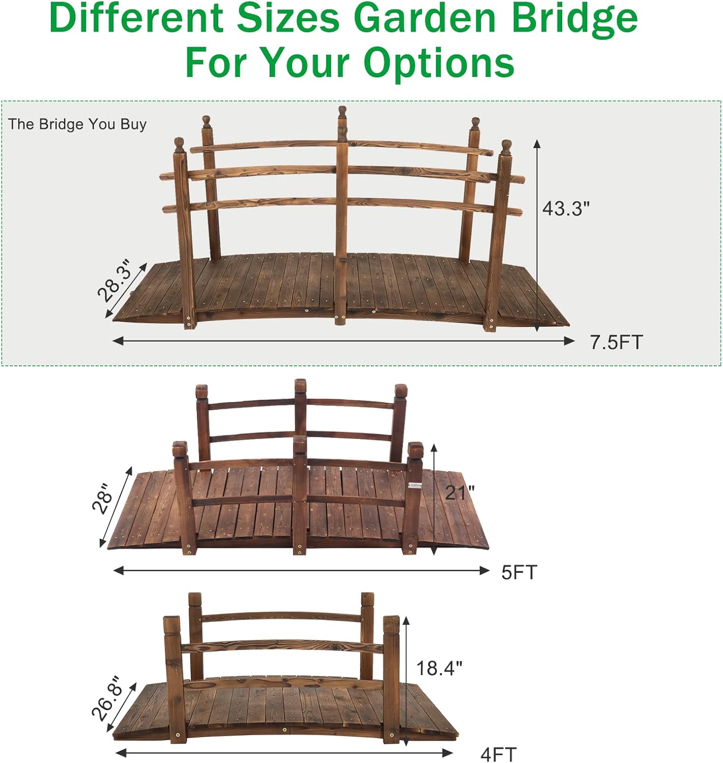 VINGLI 7.5 ft Garden Bridge, Arch Walkway Wooden Bridge with Safety Rails Stained Finished, Decorative Landscaping Footbridge for Koi Pond, Dry Creek Bed, Garden Pathway or Rustic Wedding Decor