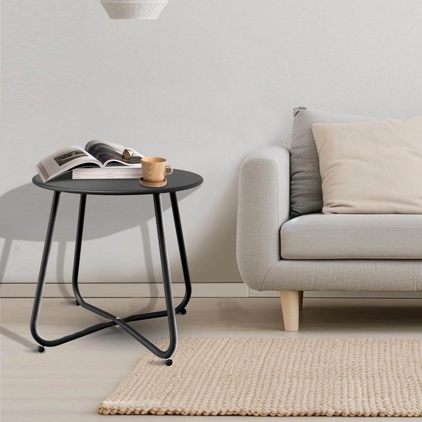 Patio Side Table Waterproof Round Metal Steel Weather Resistant Portable Outdoor and Indoor End Table for Garden Balcony Yard, Black