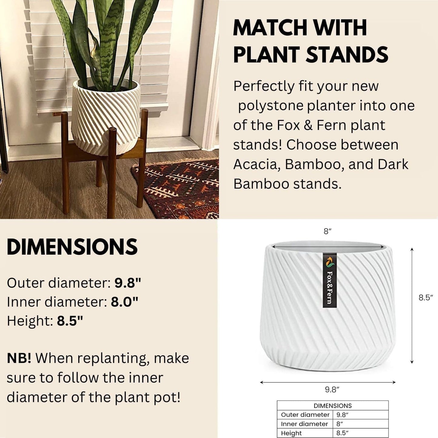 Fox & Fern 10 Inch Plant Pot with Drainage Plug — Premium Polystone White Plant Pot; Modern Planter with 3D Texture and Ceramic Finish; 10 Inch Pots for Plants Indoor & Outdoor