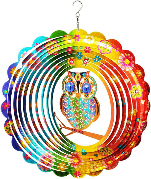 FONMY Wind Spinner Mandala Owl 12 inch 3D Stainless Steel Laser Cut Metal Art Geometric Pattern Hanging Wind Spinner, Kinetic Yard Art Decorations - Indoor/Outdoor Décor