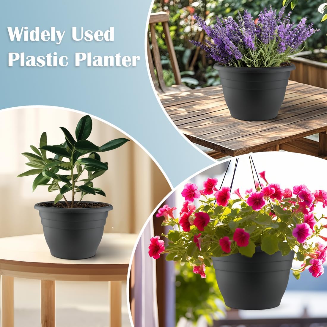 3 Pack 11 Inch Plant Pots with Drainage Hole and Plug, Durable Plastic Flower Pots for Indoor & Outdoor Plants, Elegant Mordern Plant Pots Perfect for Herbs, Flowers & Succulents, Gray