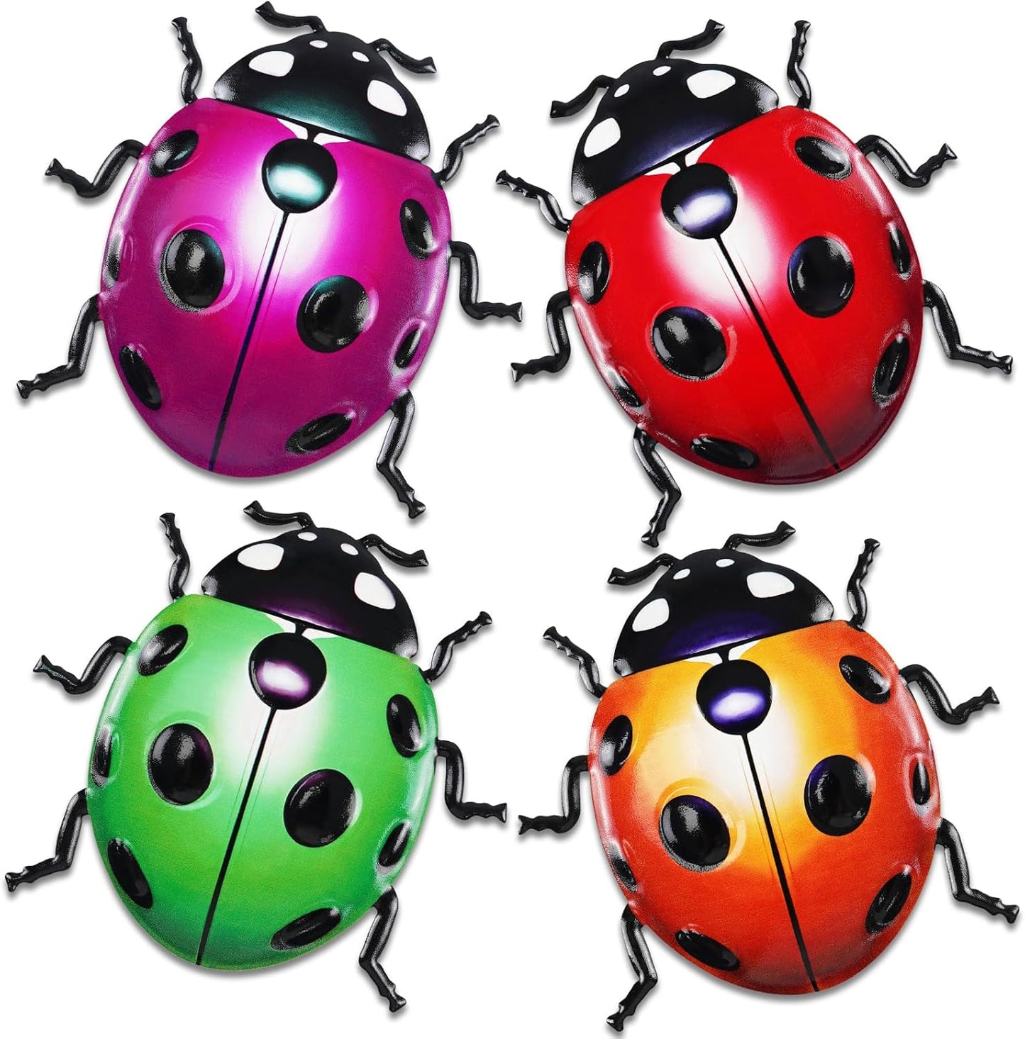 ULENDIS 4 PCS Cute Metal Ladybugs Wall Art Decor, 6.3 Inch Large Outdoor Wall Art Patio Fence Decorations, Colorful Yard Art Lawn Ornaments for Backyard Balcony