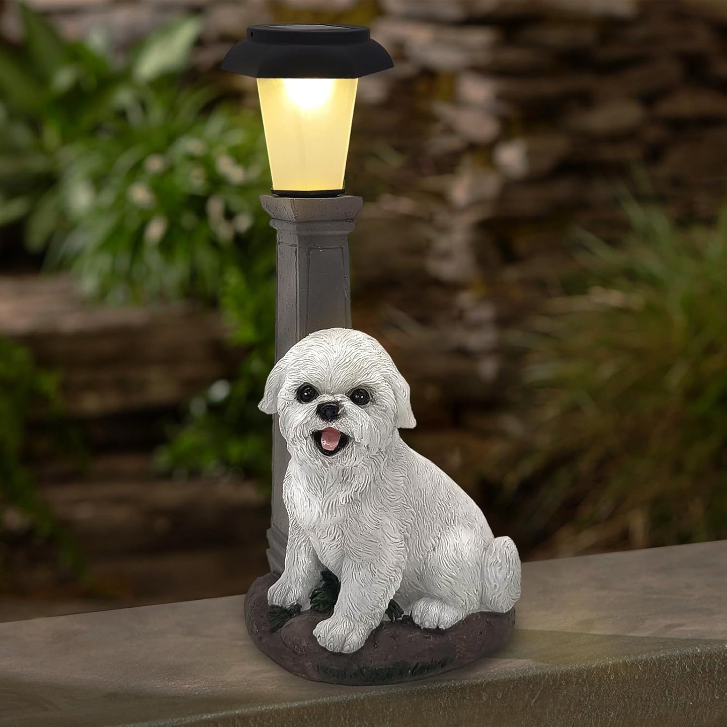Solar Dog Garden Statues with Lantern, Resin Bichon Dog Sculpture with Warm White Light for Outside Lawn Porch Patio