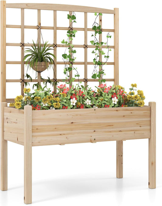 HAPPYGRILL Raised Garden Bed with Lattice Trellis, 4 Drainage Holes, Wooden Elevated Planter Box with Legs for Climbing Vine, Hanging Small Flower Baskets, Outdoor Gardening Planter for Patio Balcony
