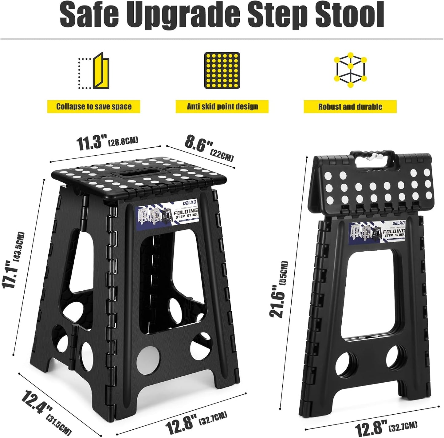 Delxo 17.5 Inch Folding Step Stool,Foldable Stool for Adults with Safety Lock,Portable Collapsible Plastic Step Stool,Non Slip Folding Stools for Kitchen Bathroom Bedroom Up to 400LBS,(Black 1PC)