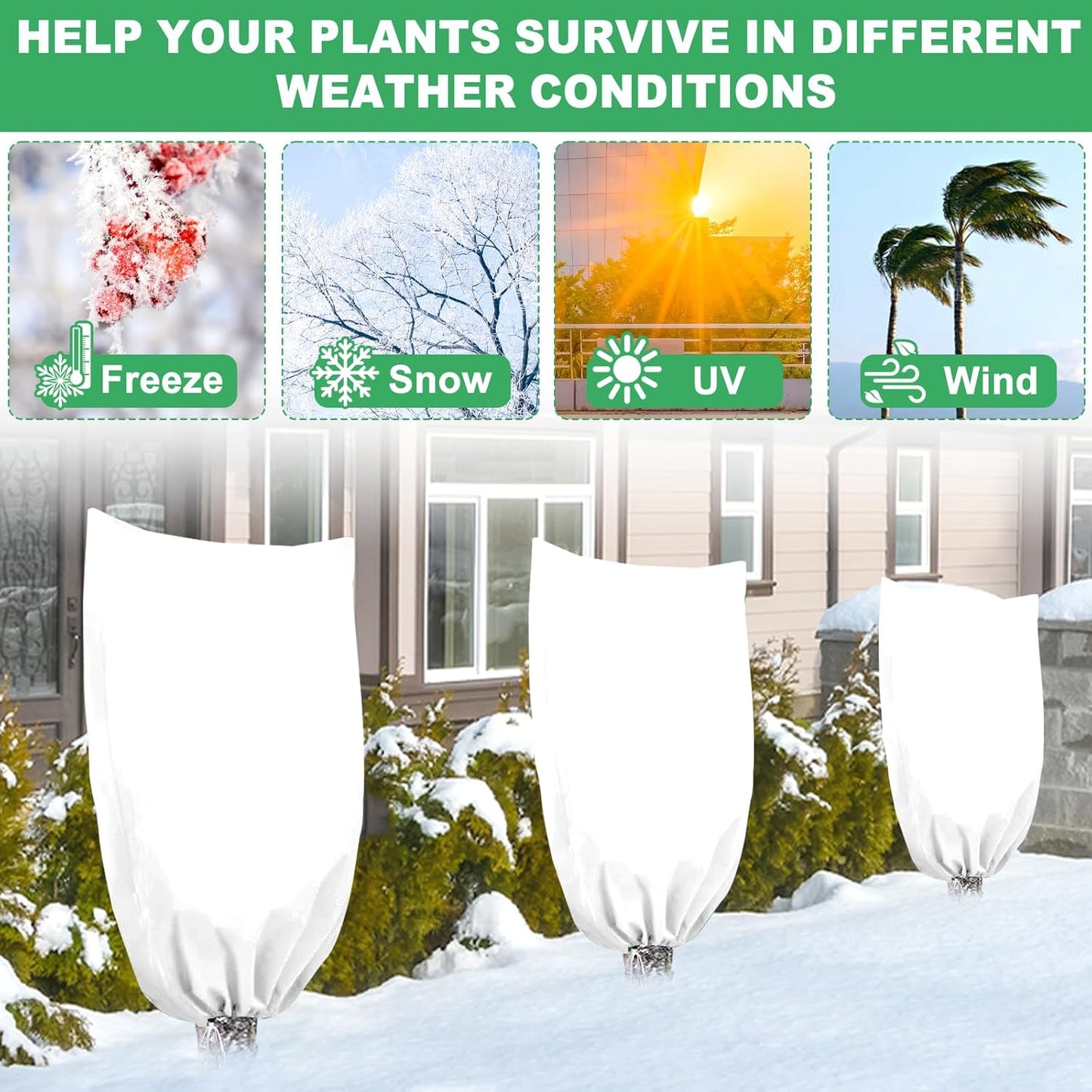 3 Pack Winter Plant Covers Freeze Protection with Drawstring, 23.6" x 31.4" Rose Cones for Winter Protection, Frost Cloths for Outdoor Plants Shrubs Trees Jacket Covers for Winter