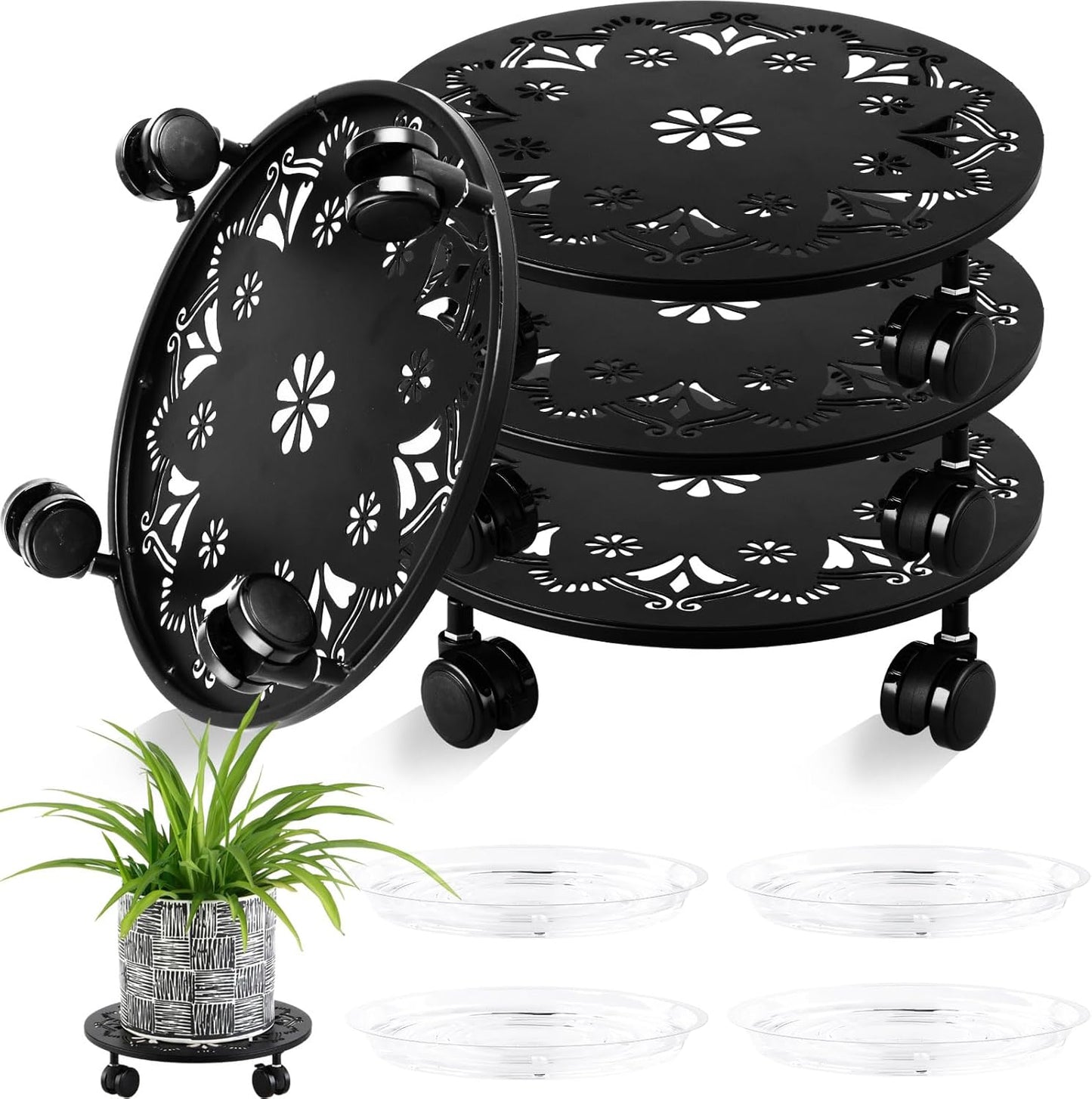 4 Pack Rolling Plant Caddy with Wheels 12 Inch, Plant Rollers with Wheels Metal Plant Caddy with Wheels Heavy Duty Plant Stand for Large Plants, Matte Black Rolling Planter Base, 4 Wheels for Planters