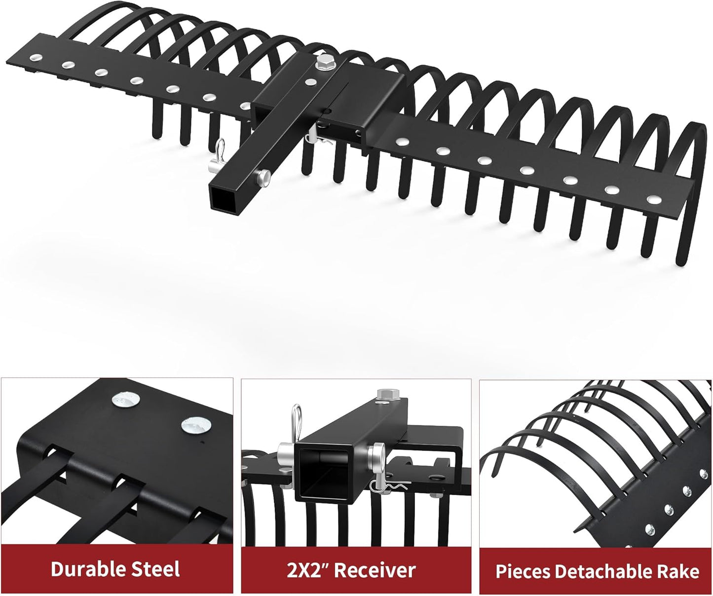 YITAMOTOR 4FT Tractors Rake 17 Pine Straw Rake Fits 2" Receiver for Lawn Tractors or ATV/UTV