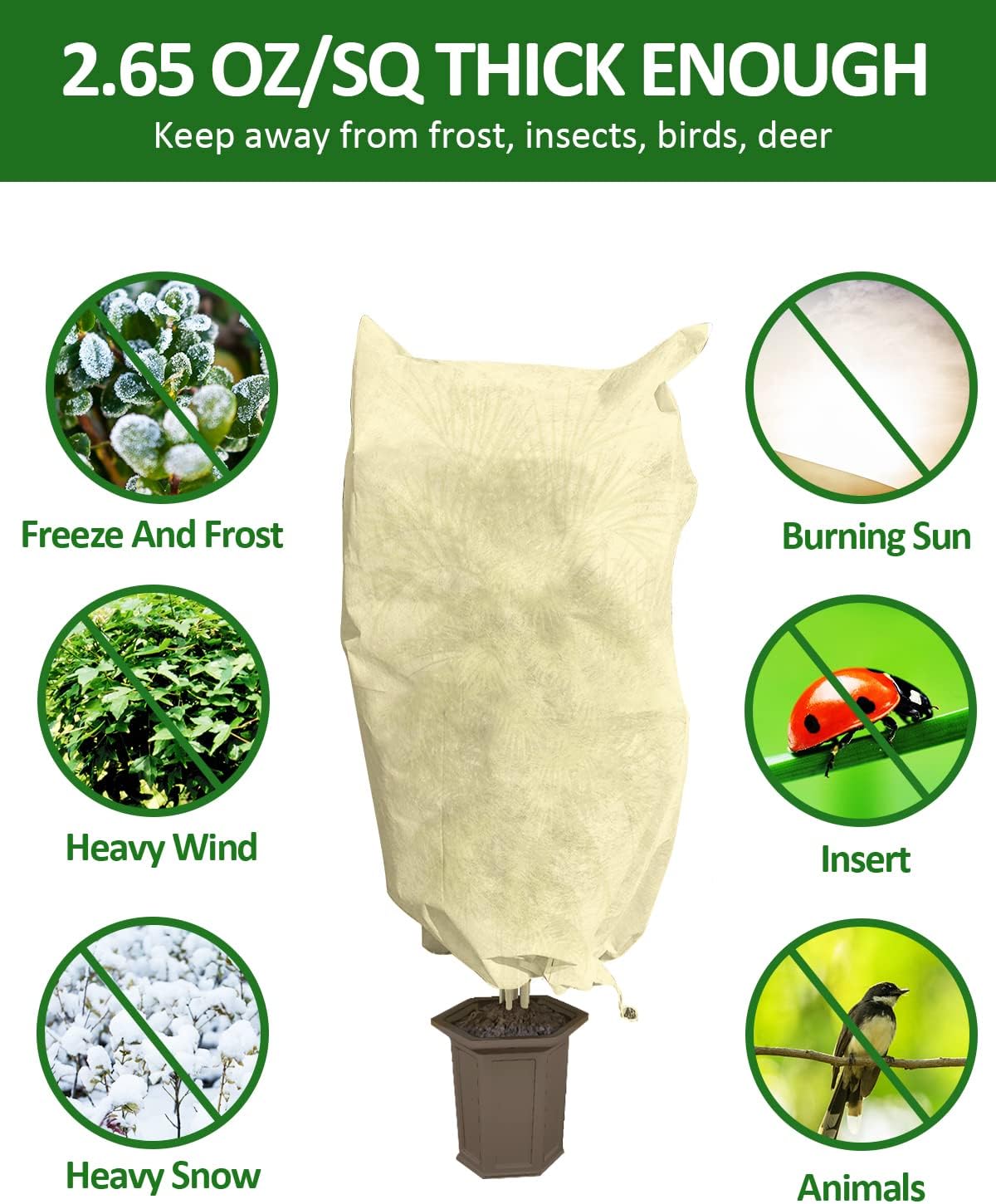 EAONE 12 Pack Plant Covers Freeze Protection, 24x32'' Winter Frosts Cloth for Outdoor Plants, Reusable Frost Blankets Drawstring Bags for Cold Freeze Sun Protection Bird Insect Prevention,Beige