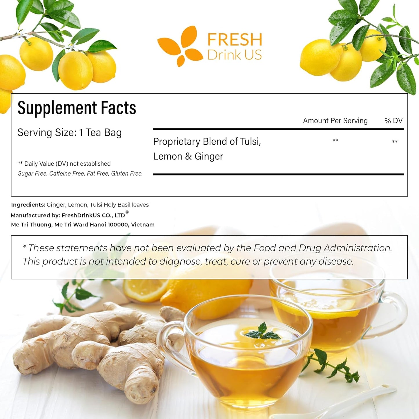 FreshDrinkUS, Premium 35 Tulsi Lemon Ginger Tea Bags, 100% Natural & Pure from Tulsi Holy Basil Leaves, Lemon and Ginger. Made with Natural Material Tea Bags. No Sugar, No Caffeine, Vegan.