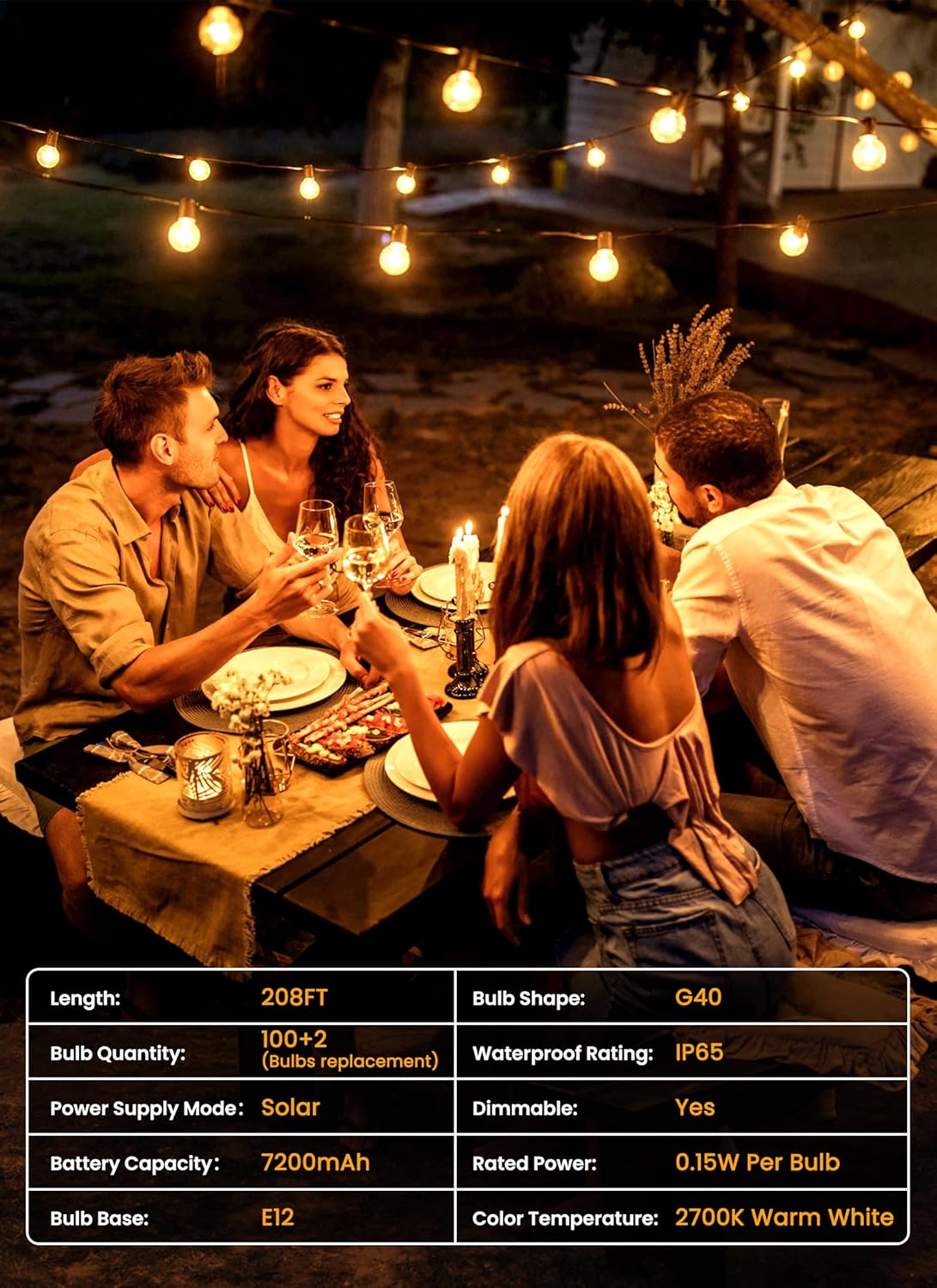 Brightown 208FT Solar String Lights Outdoor with Remote and 102 LED Shatterproof Bulbs, Dimmable & Timable, 3 Light Modes, Solar Patio String Lights Outdoor for Cafe, Garden, Deck, Outside Wedding