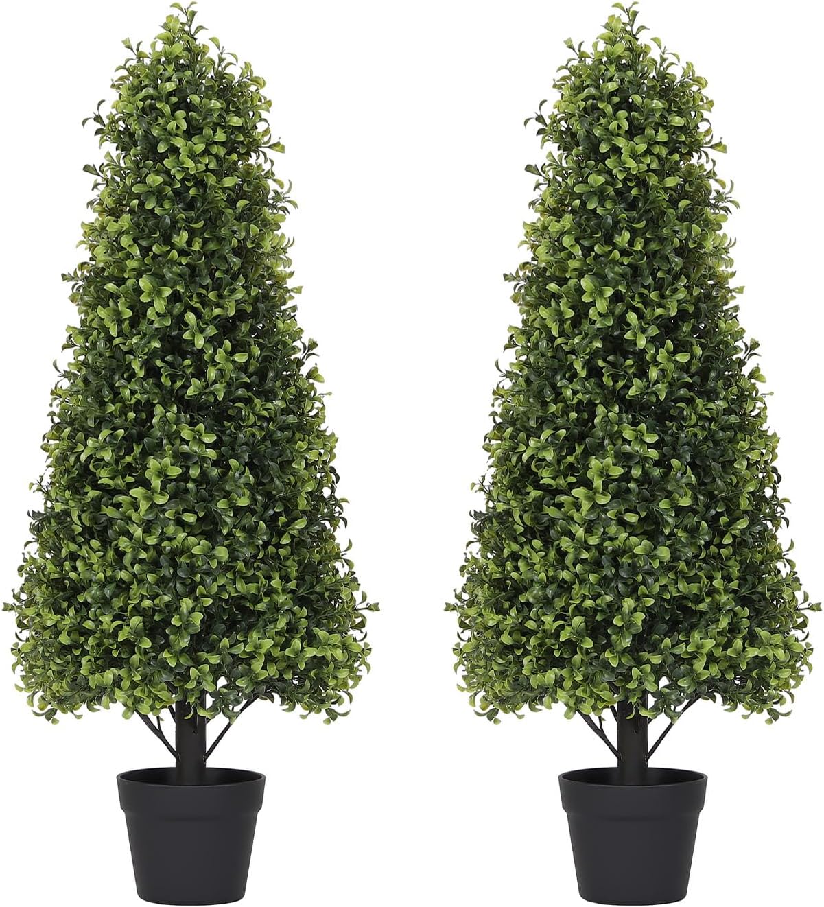 3ft Artificial Boxwood Topiary Trees (Set of 2) - UV Resistant Faux Plants Outdoor, Realistic 36in Fake Cone Bushes and Shrubs for Front Porch, Planter, Patio - Low Maintenance & Evergreen