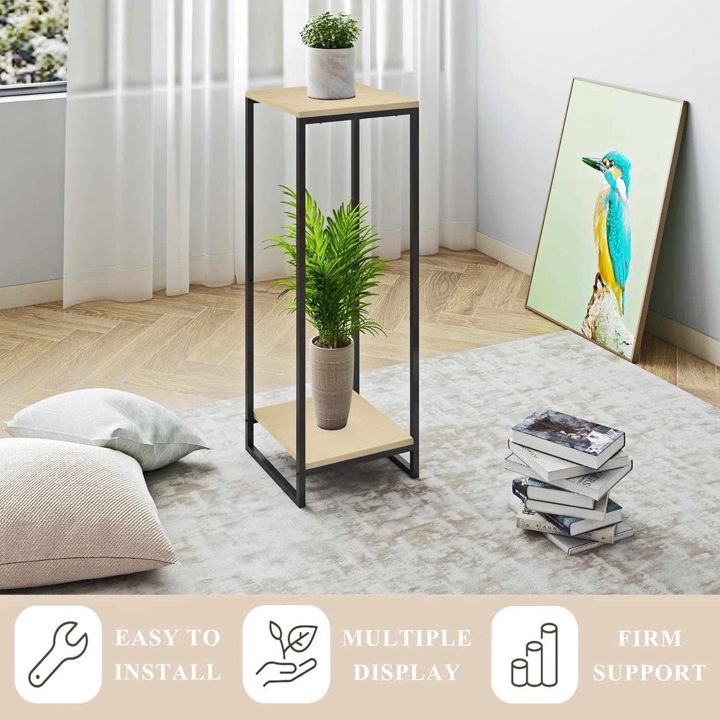 34" Tall Plant Stand Indoor, 2-Tier Modern Plant Shelf, Corner Flower Pot Holder Organizer for Living Room Balcony Patio Garden (Light Oak)