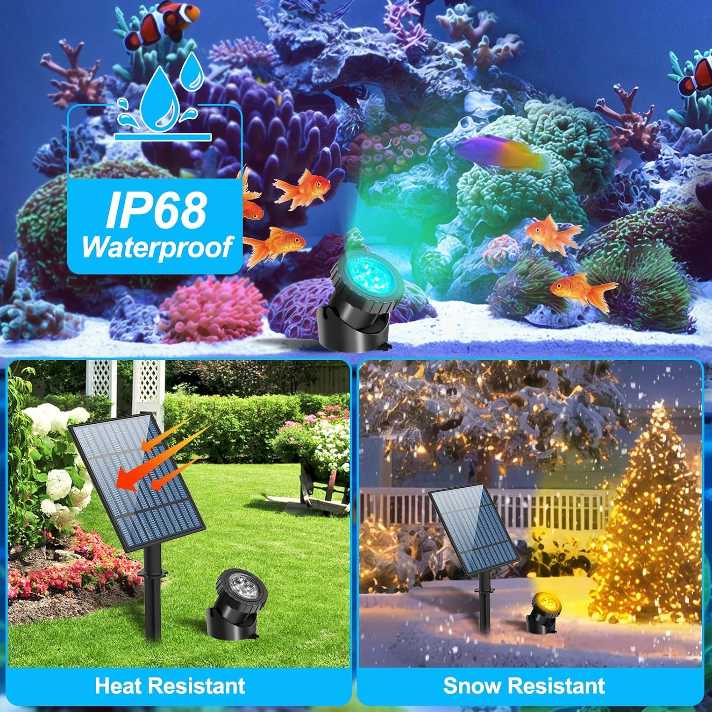 T-SUN Solar Pond Lights, 4-in-1 RGB Underwater Pond Light, Color Changing Submersible Fountain Lights, Solar Fish Tank Light Adjustable Lighting Angle for Garden Fountain, Pond, Pool Decoration