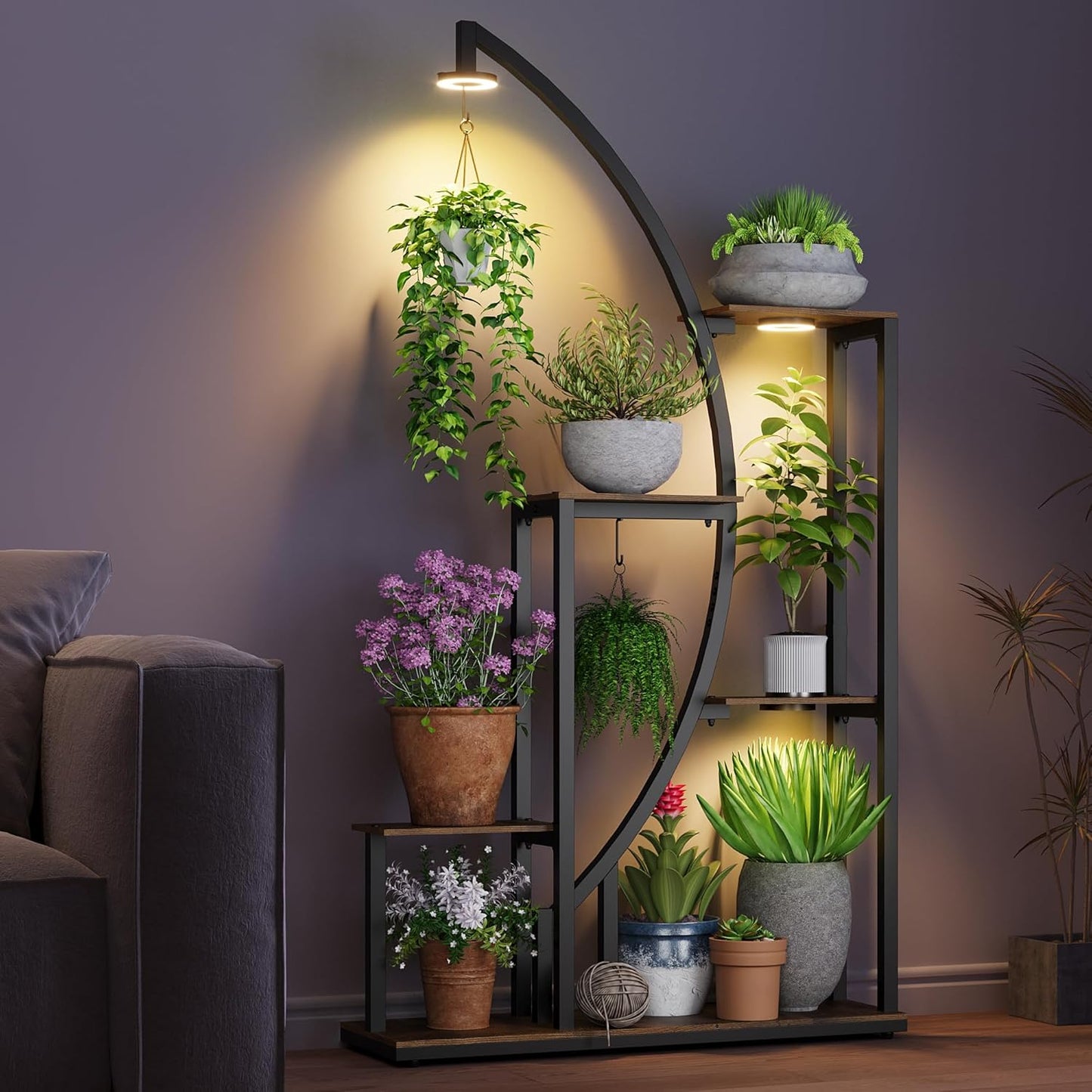 61” Tall Metal Plant Stand with Grow Lights, Tiered Indoor Shelf for Multiple Plants, Large Corner Display Rack with Adjustable Lamps, Hanging Hooks & Wooden Shelves for Living Room, Patio Balcony