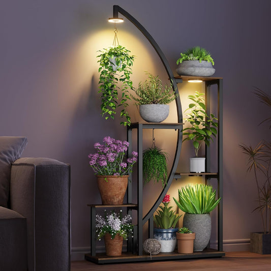 61” Tall Metal Plant Stand with Grow Lights, Tiered Indoor Shelf for Multiple Plants, Large Corner Display Rack with Adjustable Lamps, Hanging Hooks & Wooden Shelves for Living Room, Patio Balcony