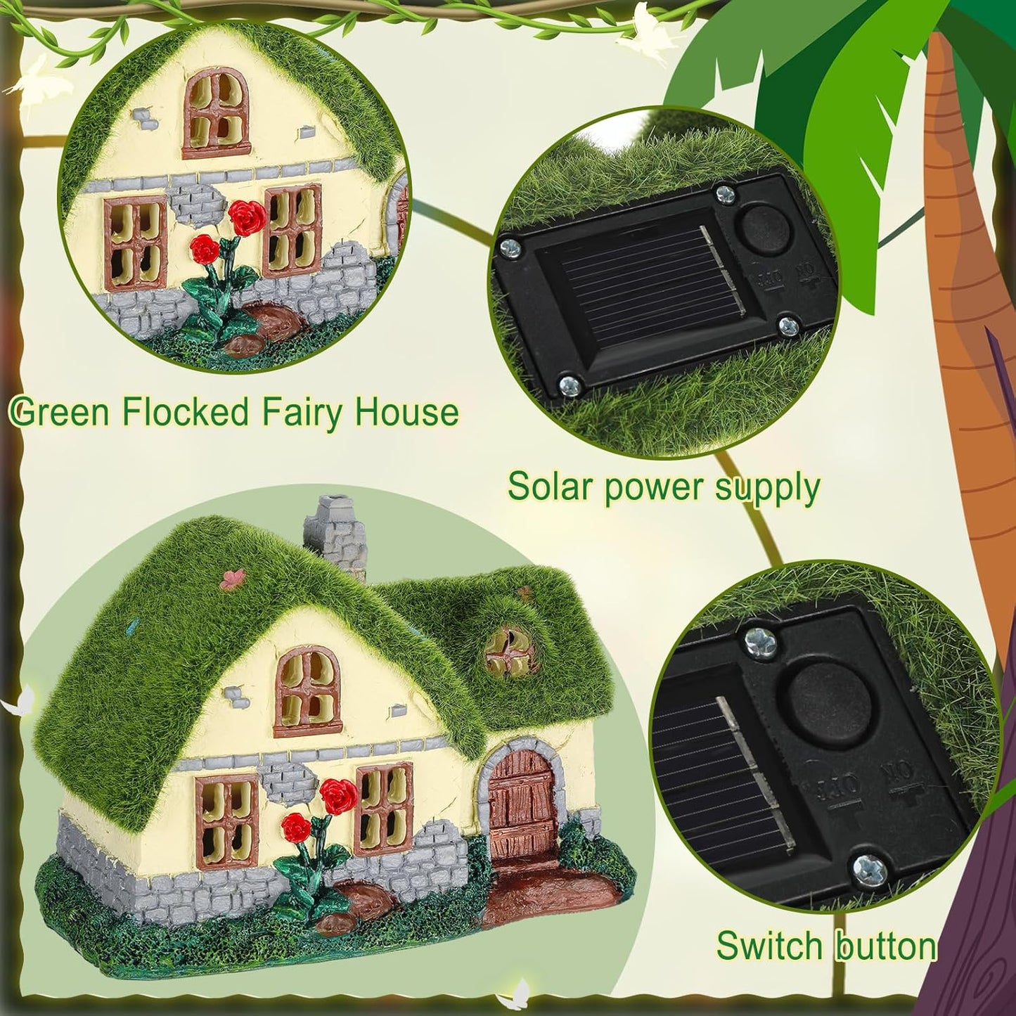 Suzile 50 Pcs Solar Fairy House Garden Accessories Light up Flocked Fairy Figures Garden Kit Green Resin Miniature Mushroom Figures Micro Landscape Ornament (Stone Grass House)