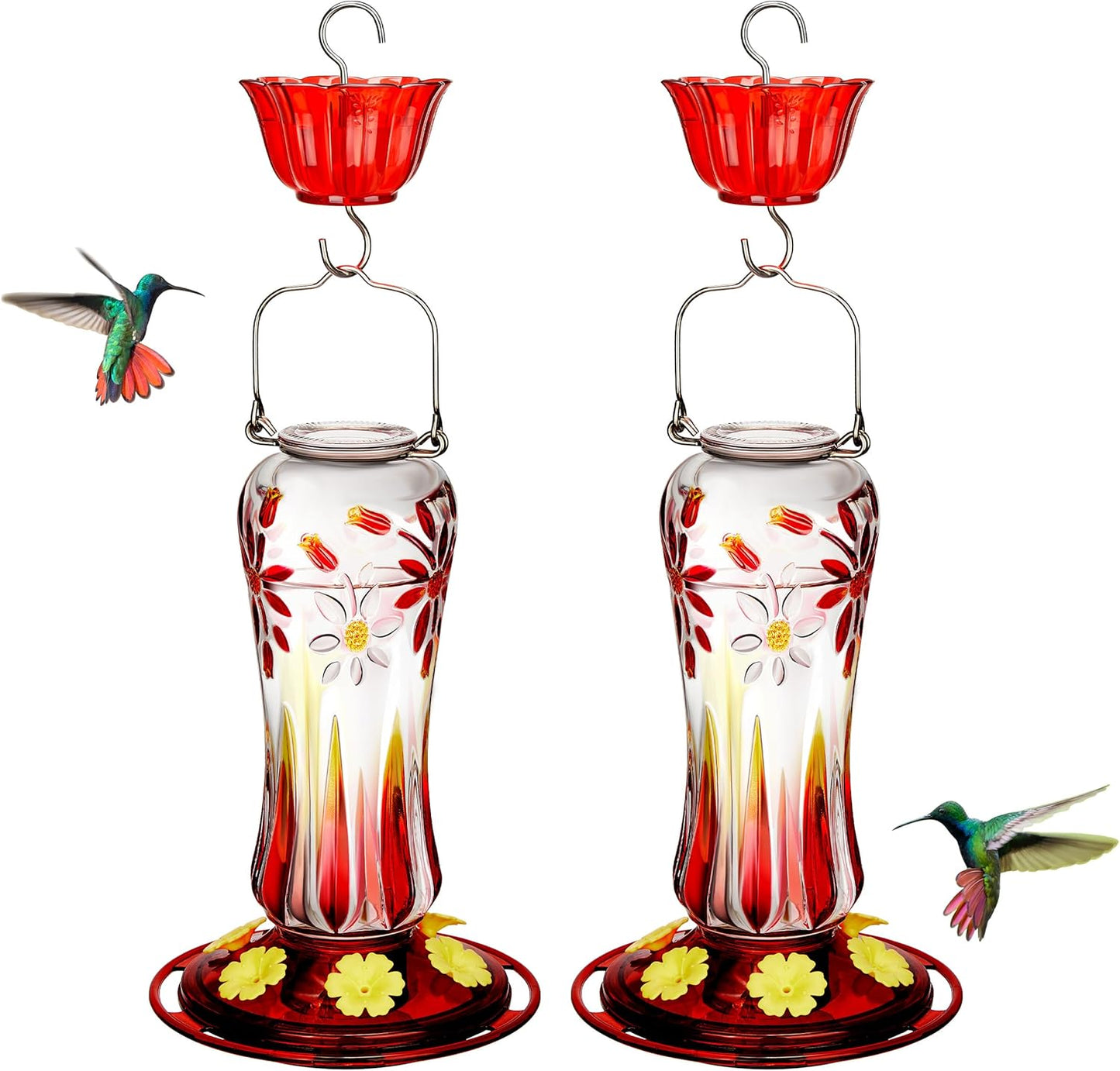 Kingsyard 2 Pack Glass Hummingbird Feeders for Outdoors Hanging, Hummingbird Nectar Feeder with Ant Moat & 6 Feeding Ports, 25 Oz Leak Proof, Red
