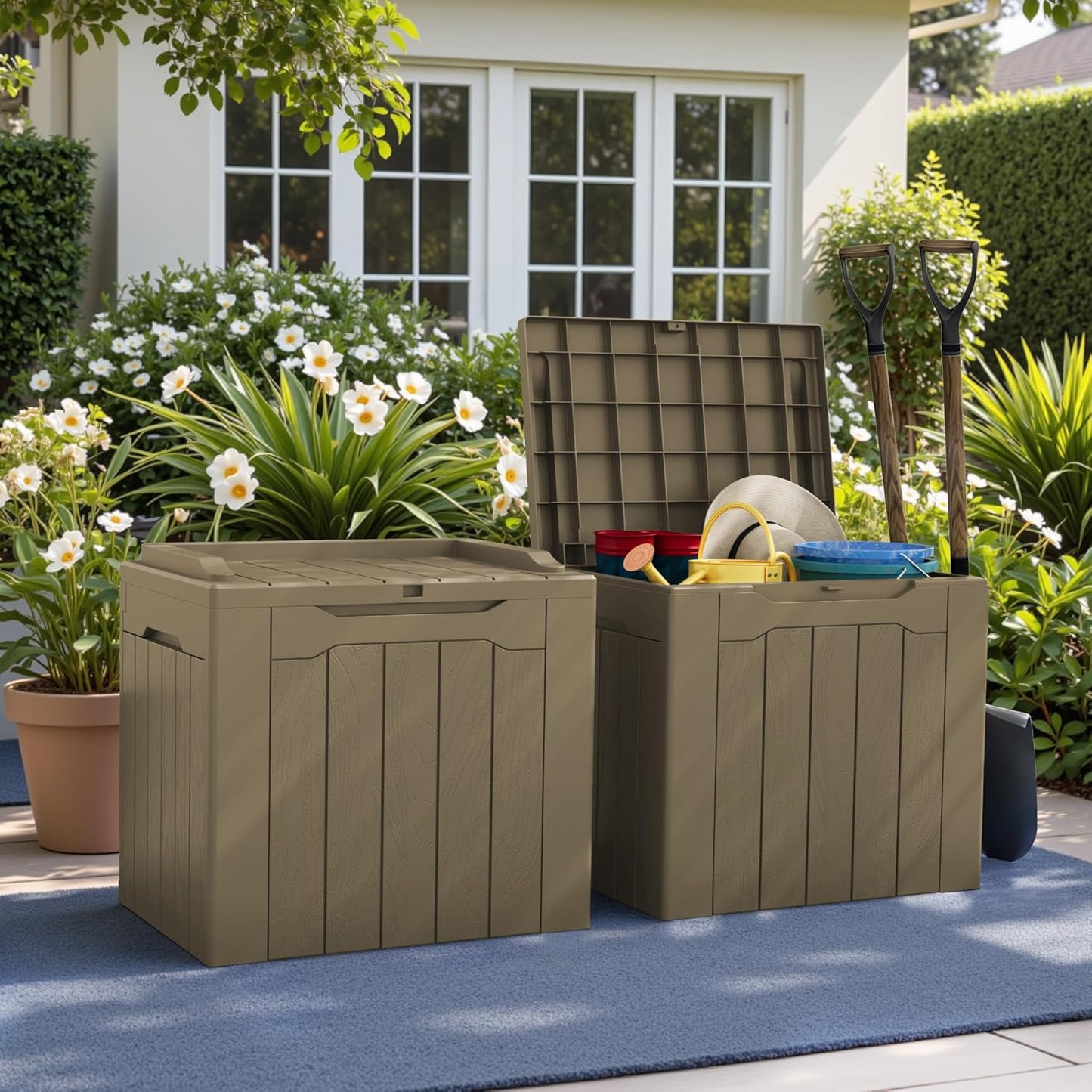 Greesum 31 Gallon Deck Box for Outside, All Weather Outdoor Storage Boxes for Patio Furniture Set, Package Delivery Box, Garden Tools, Light Coffee(Set of 2)