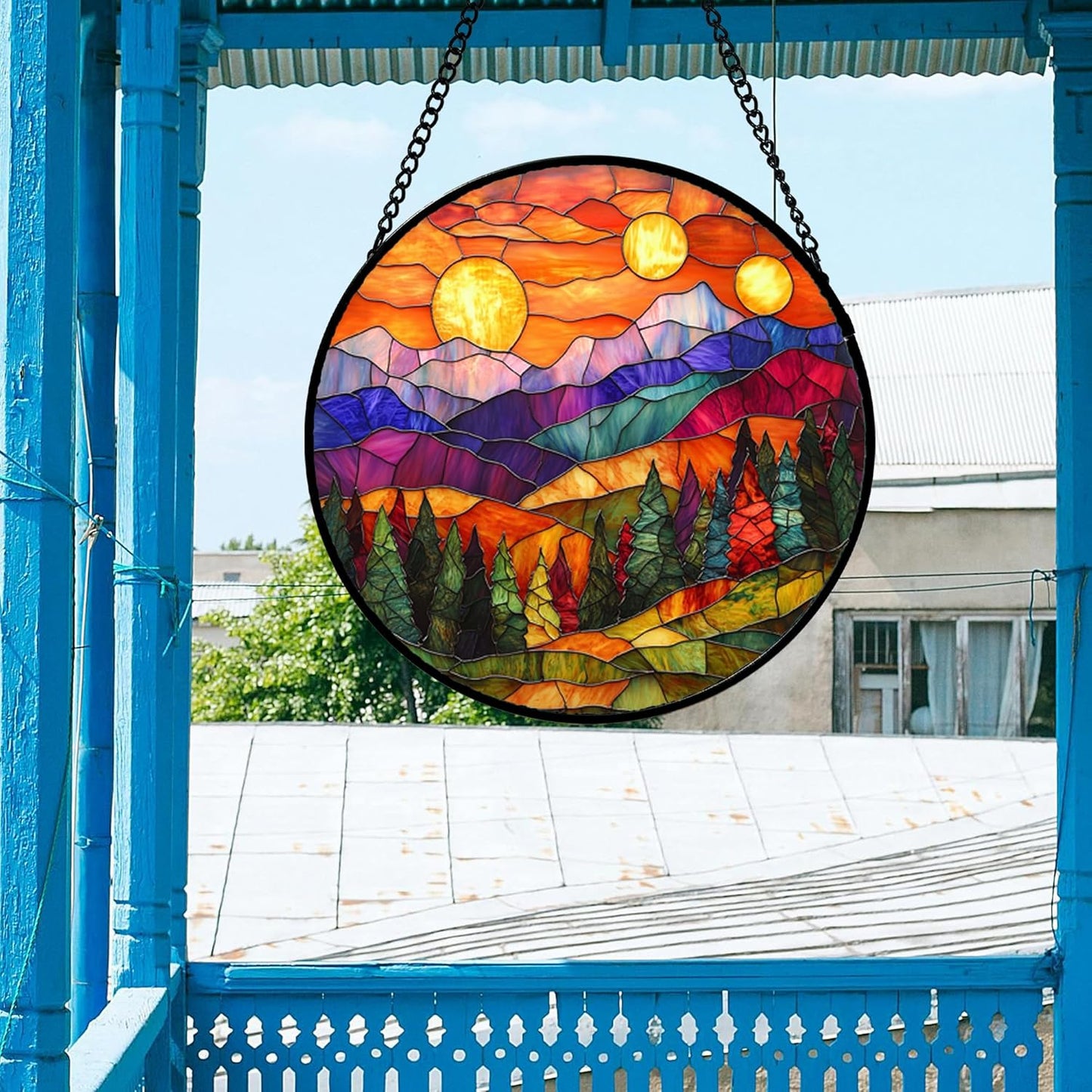 Stained Glass Window Hanging, Sunset Abstract Sun Catchers Colorful Glass Panel Landscape Suncatcher Decor for Birthday for Women, Men, Wife, Aunt, and Mom 14.9x14.9 in