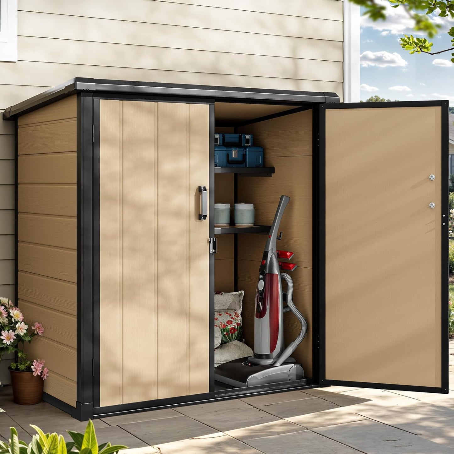 DWVO Outdoor Storage Shed with 2 Shelves, 51 Cu Ft Waterproof Resin Garden Shed with Floor & Lockable Door, Plastic Tool Cabinet for Garbage Cans, Lawn Equipment, Garden Supplies (Brown)