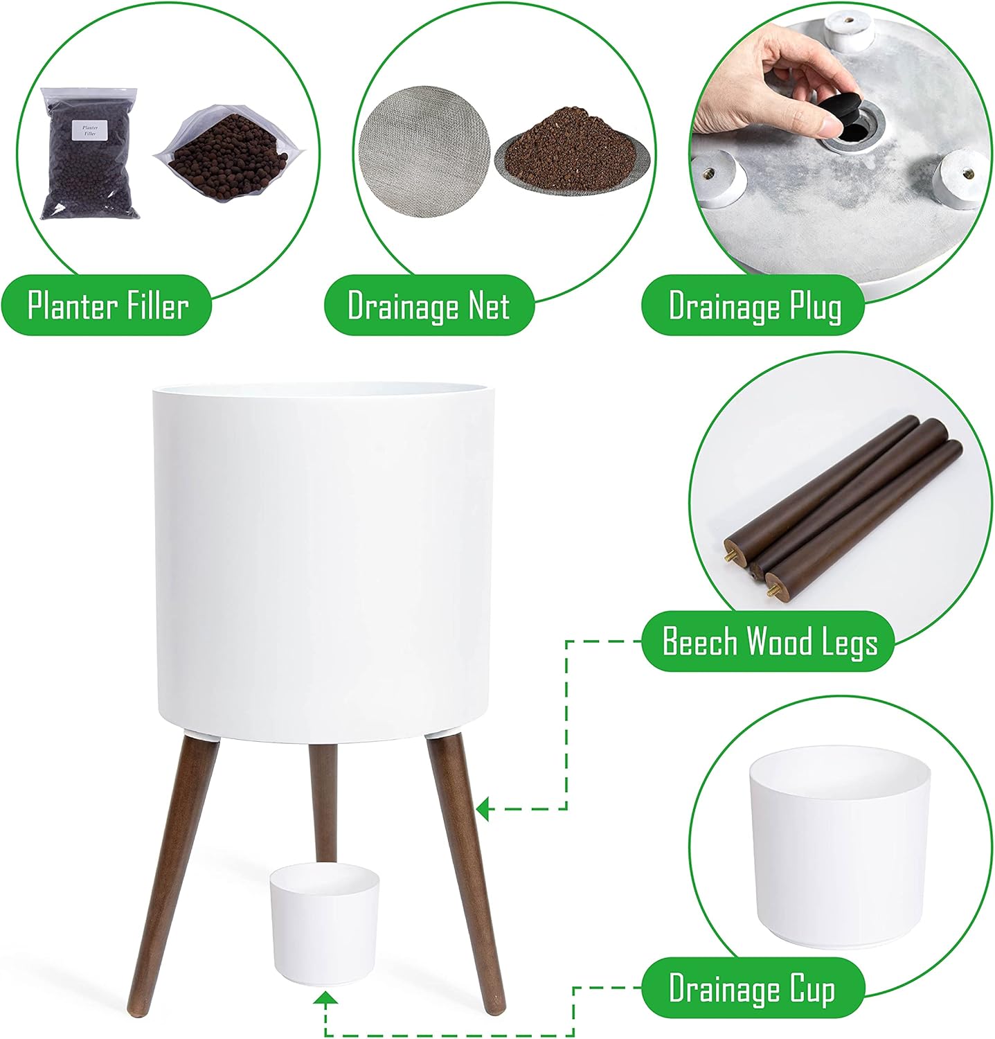 D'vine Dev 14 Inch Planter Pot with Stand, Mid-Century Tall Plant Pot with Legs for Indoor Plants, X-Large, White, 88-O-D-1