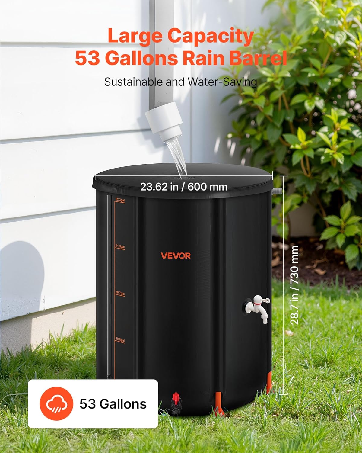 VEVOR Collapsible Rain Barrel, 53 Gallon Portable Rain Water Collection Barrel, 1000D PVC Rainwater Collection System, Garden Water Catcher Tank Storage Container with Spigot & Overflow Kit, Black