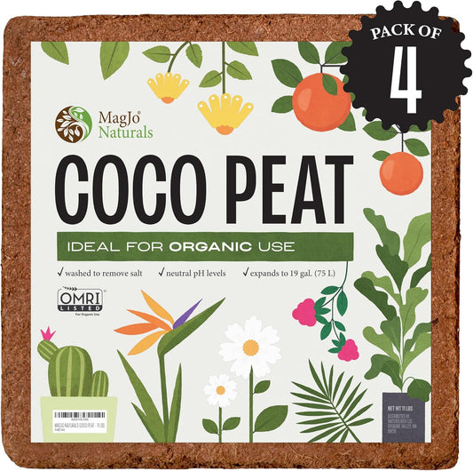 MagJo Naturals 100% Pure Coco Coir 4 Pack (44 Pounds Total) Coco Peat, Listed for Organic Gardening, Coconut Coir - Low EC and pH Balance - High Expansion Coco Fiber for Herbs, Flowers, Planting