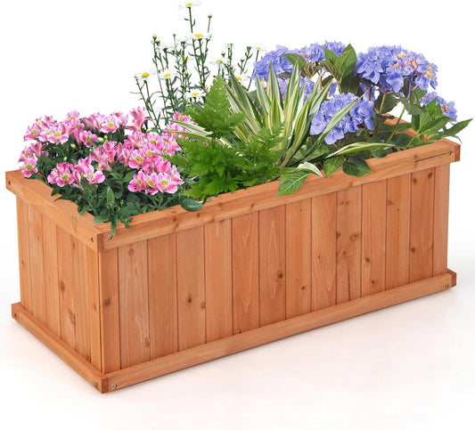 HAPPYGRILL Raised Garden Bed, Outdoor Elevated Flower Box w/ 4 Drainage Holes & Detachable Bottom Panels, Wood Planter Box for Vegetables Flowers Herbs & Fruits Growing, 31” x 14” x 12”