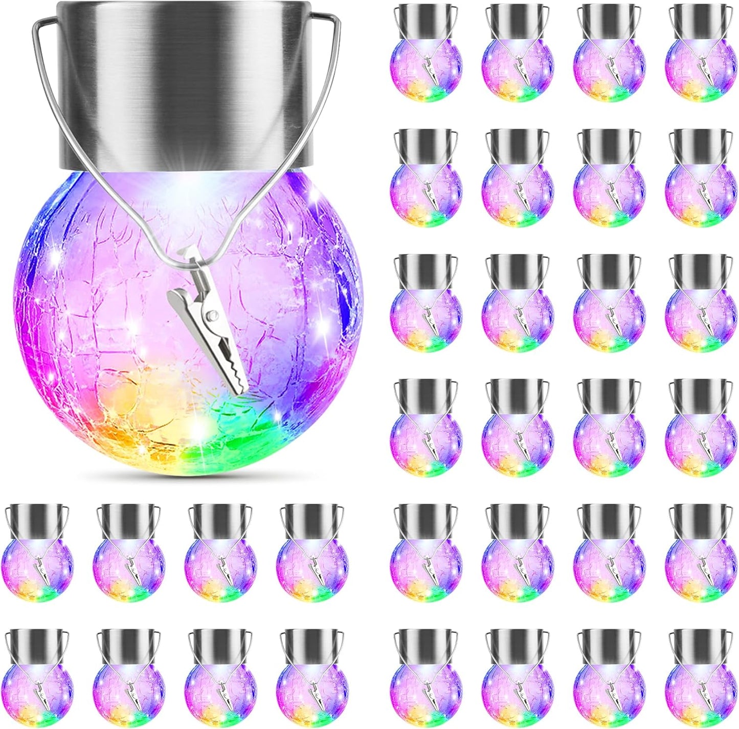 32 Pack Hanging Solar Lights Outdoor Decorative, Waterproof Solar Globe Lantern with Handle and Clip, Solar Powered Cracked Glass Ball Lights for Garden Yard Patio, Fence Tree Umbrella, Holiday Décor