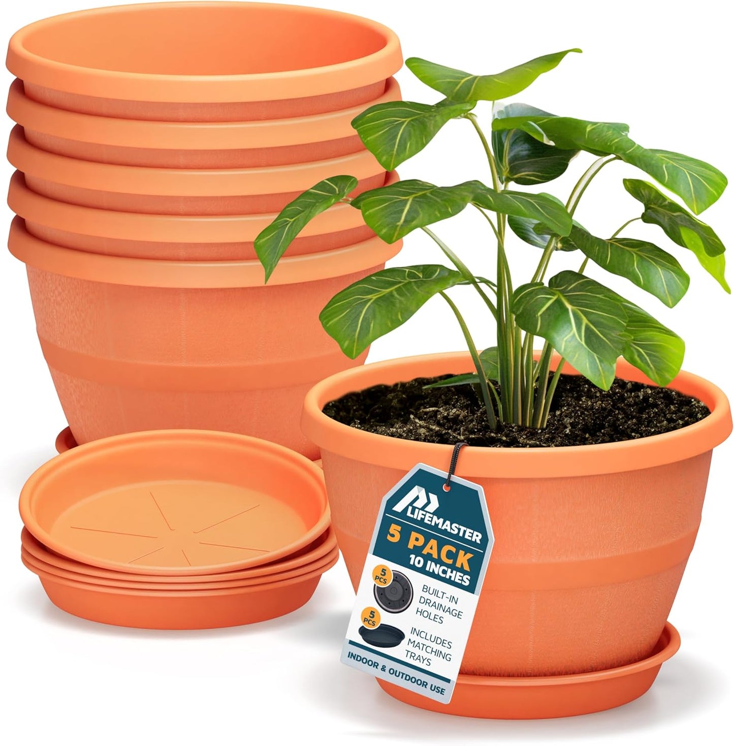 10-Inch Whiskey Barrel Planters Outdoor Pack of 5 - Durable Plastic Plant Pots for Indoor & Outdoor Use with Drainage & Saucer, Lightweight Rustic Barrel Planters for Flowers, Herbs & Small Plants