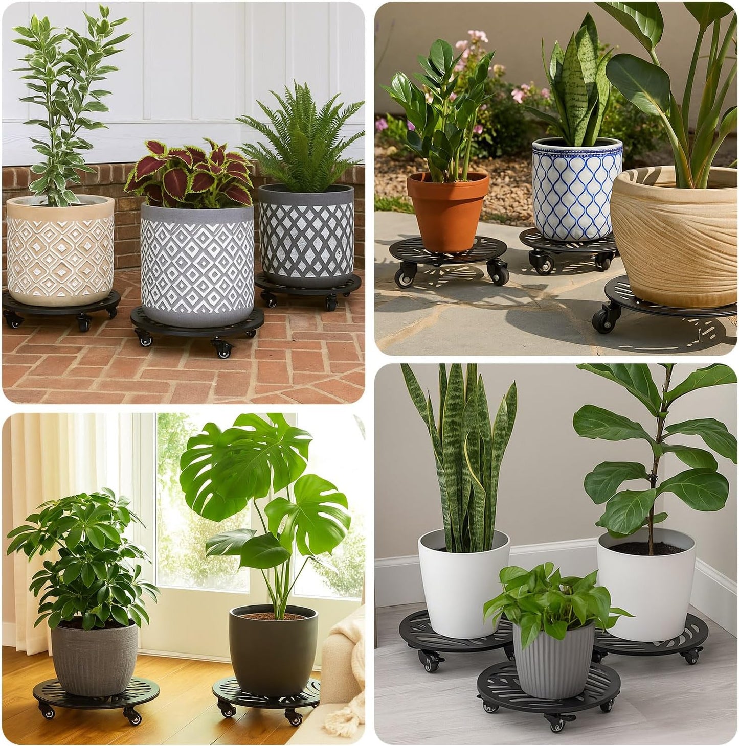 2 Packs Large Metal Plant Caddy with Wheels 13.6" and 12" Heavy-duty Wrought Iron Rolling Plant Stands with PU Metal Casters Indoor Outdoor Round Plant Pot Roller Base Planter Movers, Glossy Black